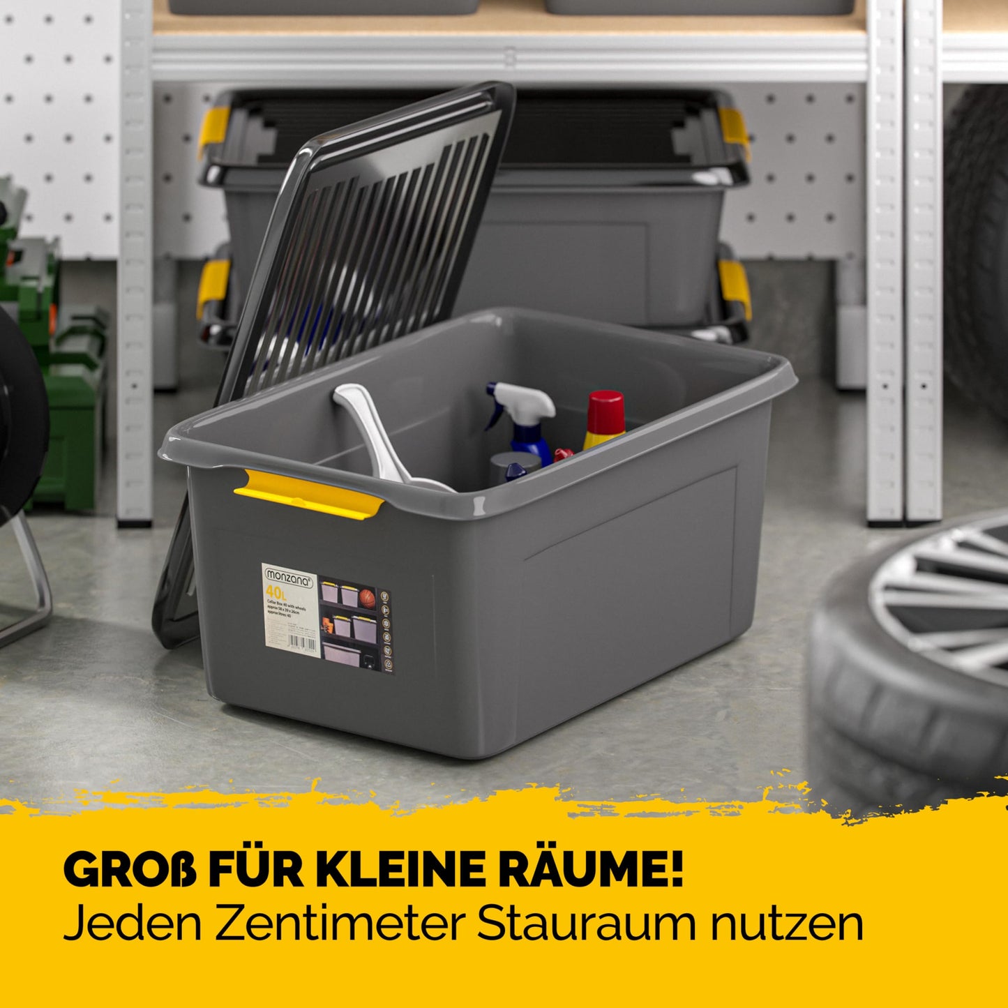 Monzana 4 x Storage Boxes 40 L with Lid 40 kg Load Capacity Plastic BPA Free Click Closure Stable Flexible Stackable Opaque Cellar Garage Box