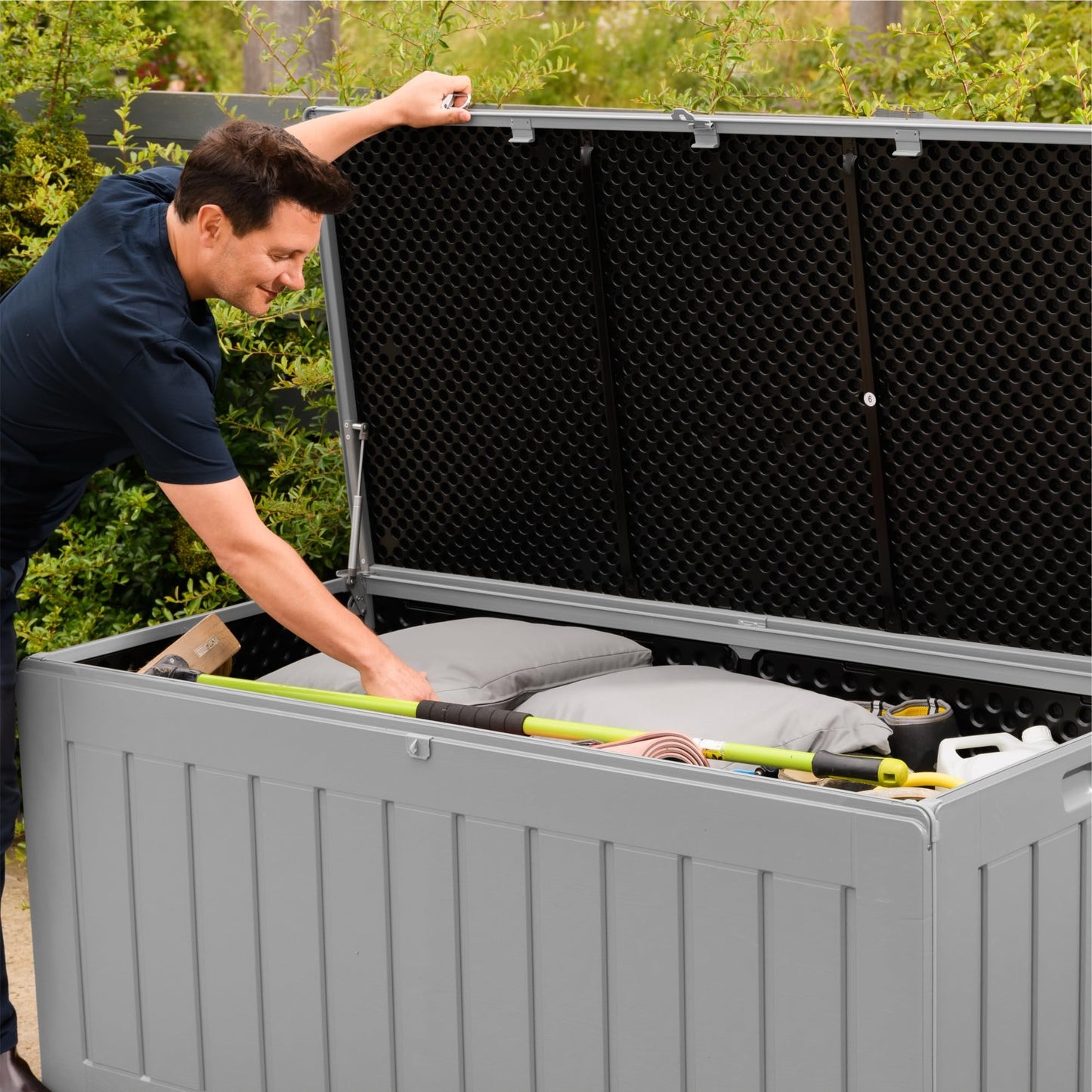 Olsen & Smith 270L Large Capacity Outdoor Garden Storage Box with Padlock Plastic Shed - Weatherproof and Stand Up with Wood Effect Chest (270L, Black)