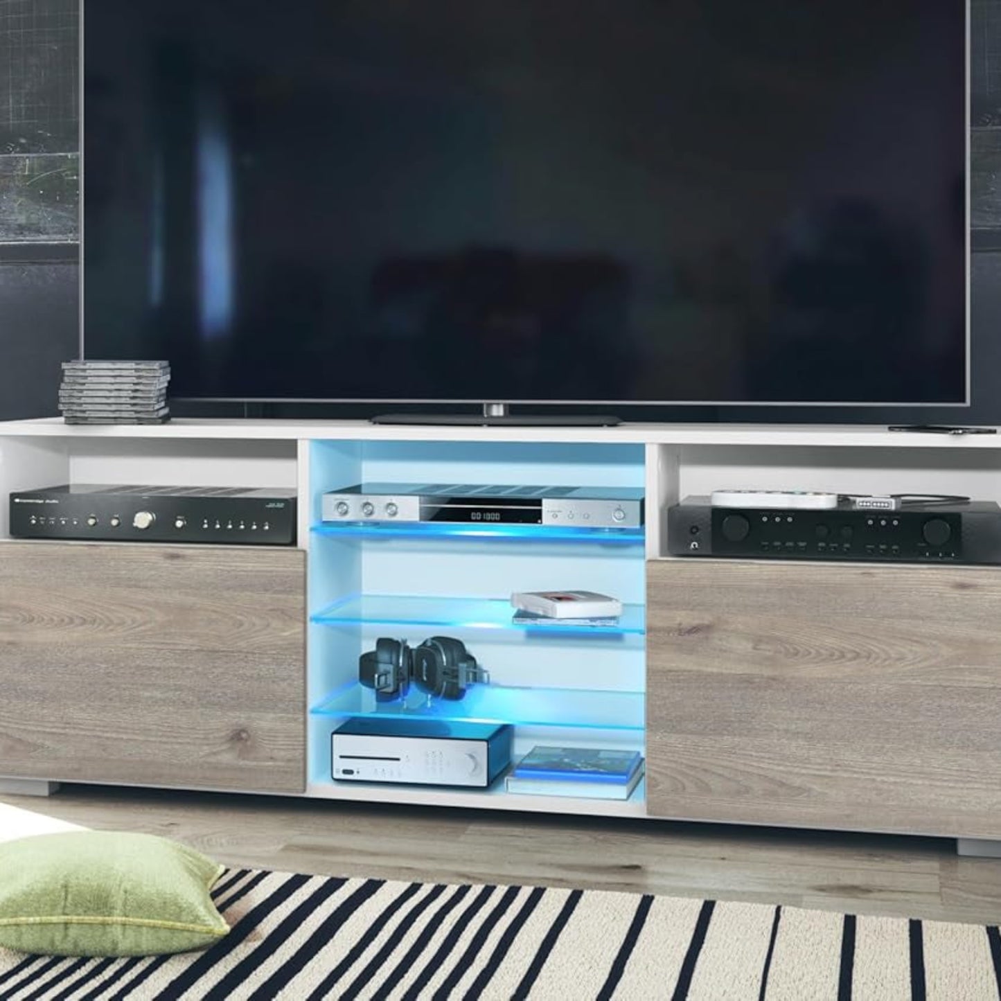 Vladon Granada TV Board Lowboard with 2 Doors and 6 Open Compartments, Matt White Body, Fronts in Sand Grey High Gloss (146 x 54 x 35 cm)