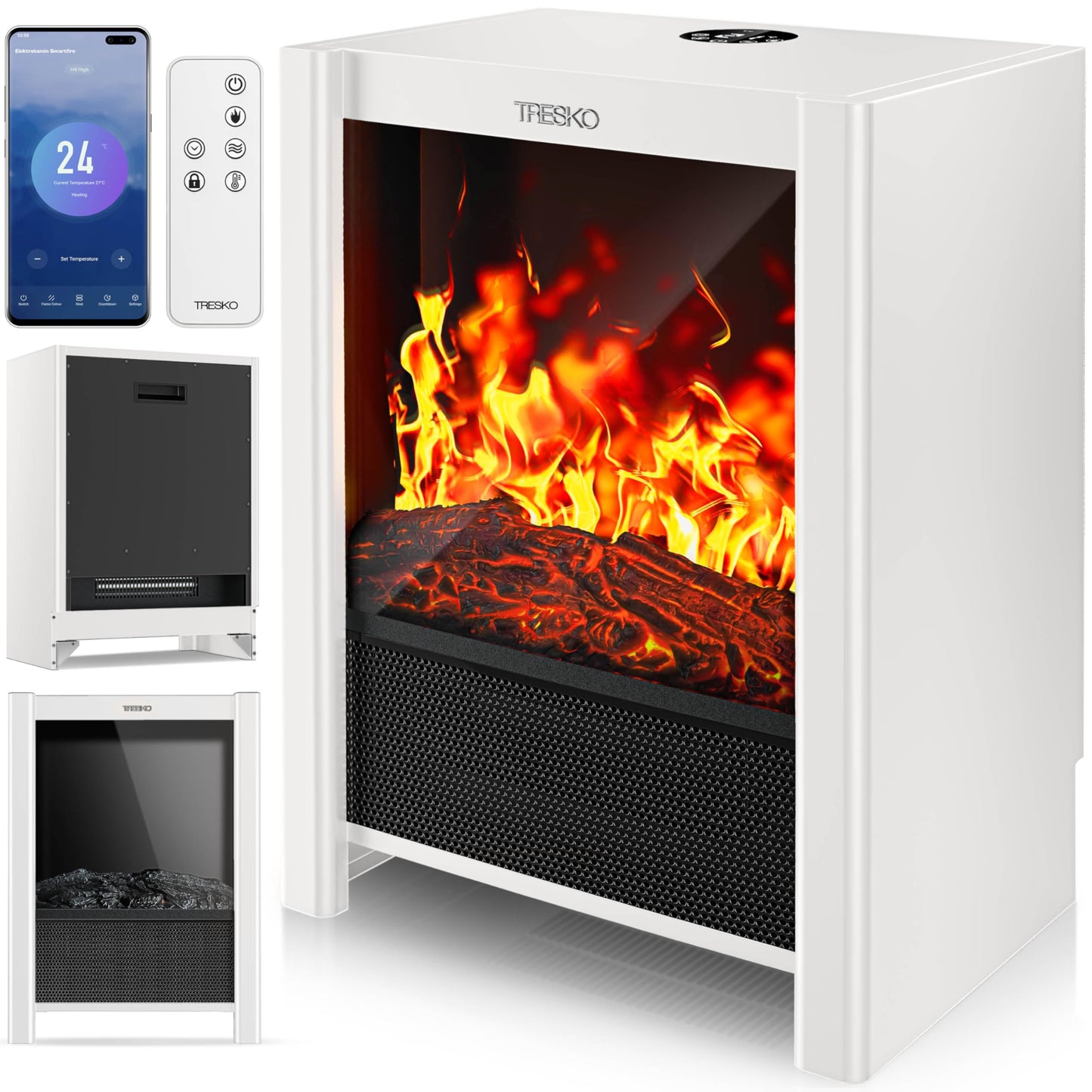 TRESKO Electric Fireplace with Heater & Remote Control 2000 W, WiFi App, Electric LED Flame Effect & LCD Display, Fireplace with Thermostat, Timer, Electric Fireplace, Standing Fireplace, Fan Heater