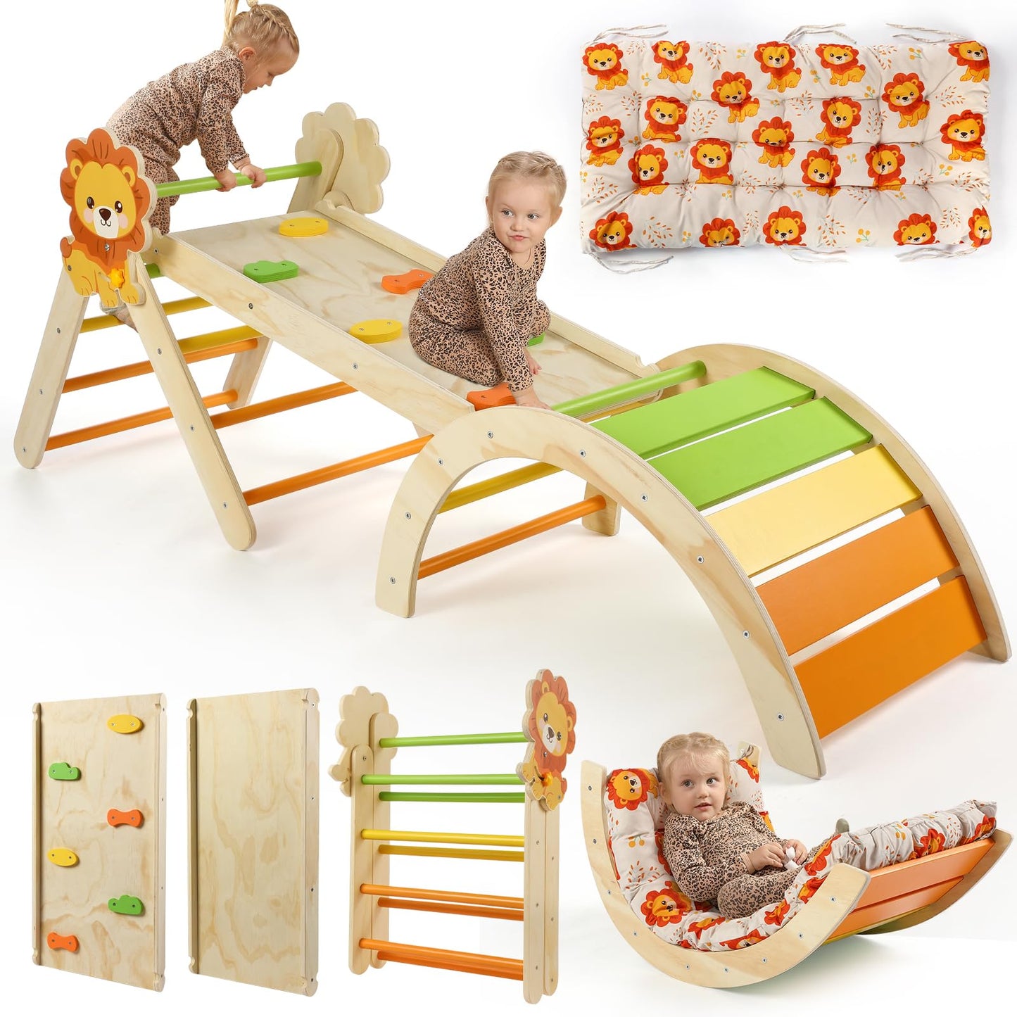 7-in-1 Montessori Kletterdreieck Set mit Rutsche, Kletterbogen & weichem Kissen – Holz Klettergerüst für Babys & Kleinkinder ab 1–3 Jahre, Indoor Spielgerät, faltbar & sicher (Dinosaur)