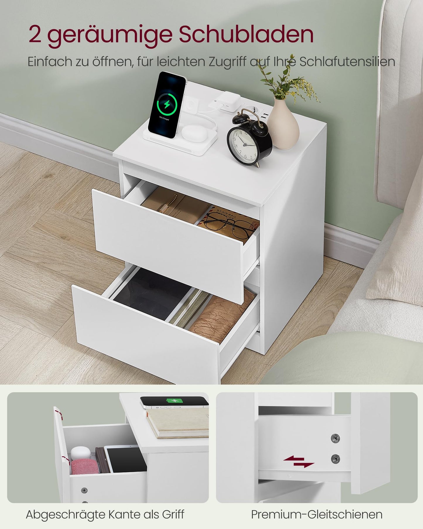 VASAGLE Kailyn Collection - Bedside Table with Power Strip, Set of 2, Side Table 2 Drawers, 2 AC Sockets, 2 USB-A Ports, for Bedroom, Cloud White LET821W02