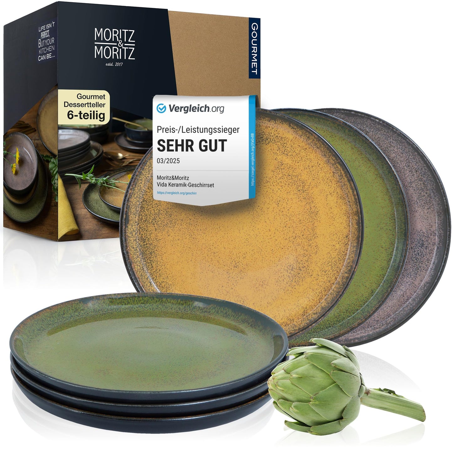 Moritz & Moritz Vida 18-Piece Crockery Set for 6 People, Elegant Plate Set Made of High-Quality Porcelain, Crockery Consisting of 6 x Dinner Plates, 6 x Dessert Plates, 6 x Soup Plates