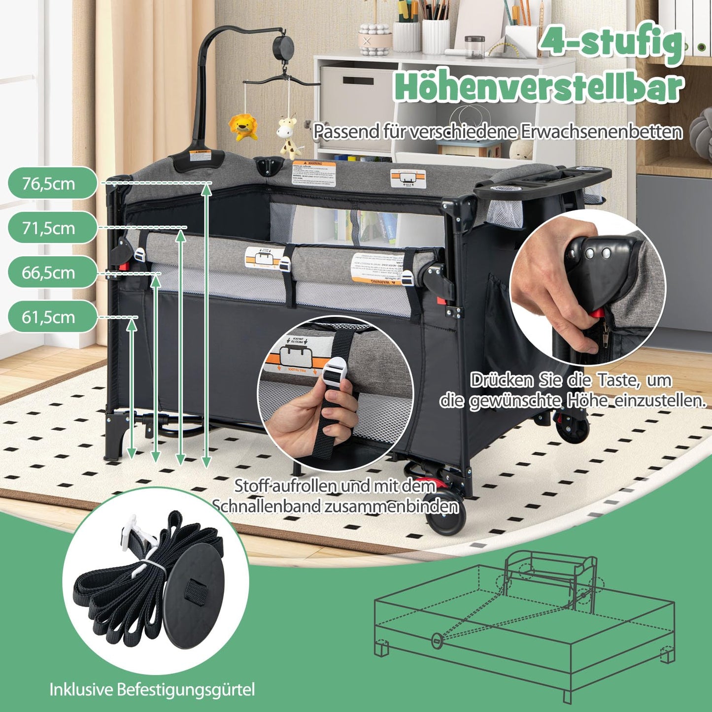 DREAMADE 5-in-1 Baby Travel Cot, 120 x 60 cm, Side Bed with Mattress & Changing Table, Music Box & Toy, Height-Adjustable Baby Bed for Baby from Birth (Dark Grey)