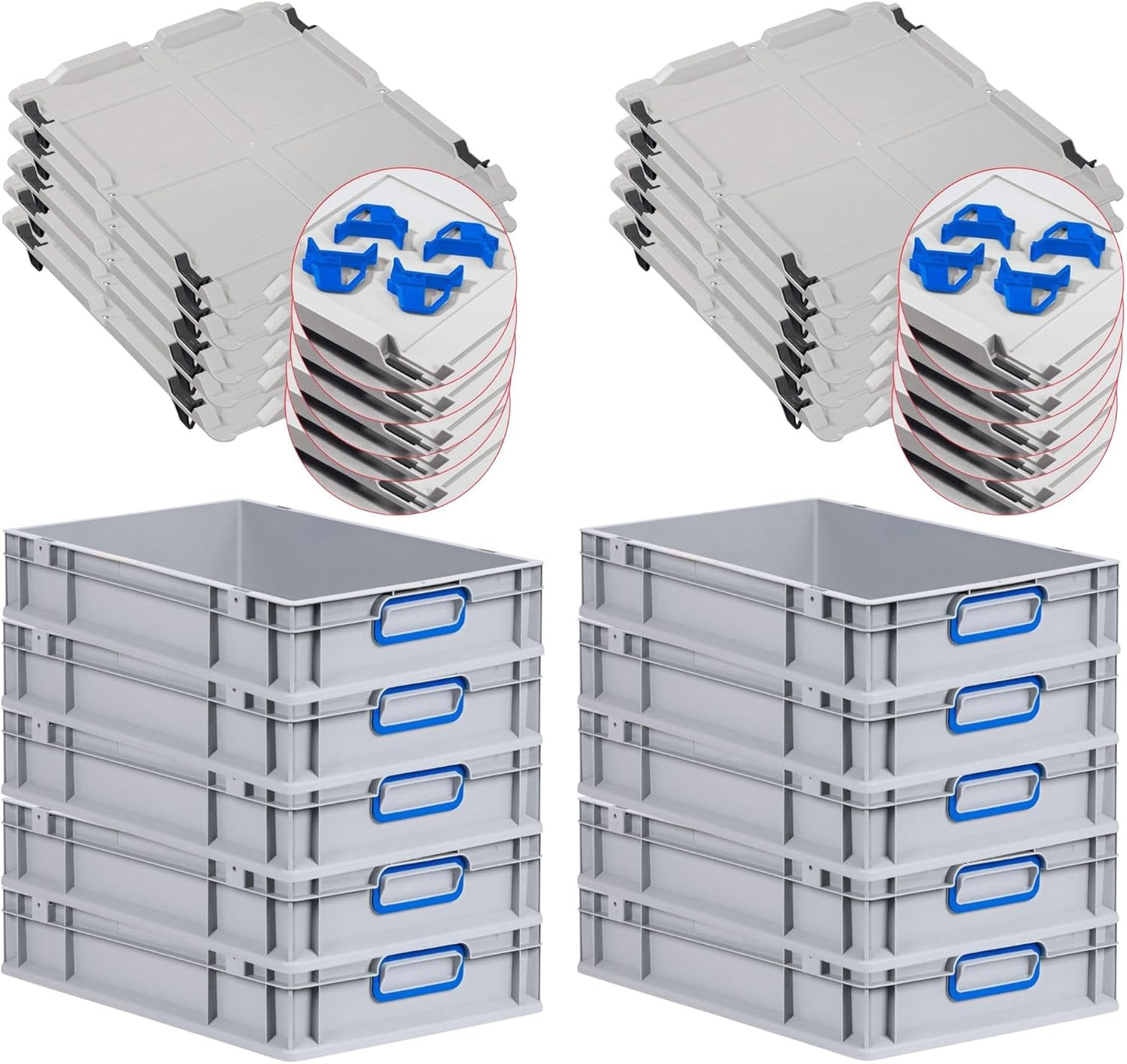 PROREGAL Economy Set of 5 Eurobox NextGen Colour with Lid and Sliding Snap Fasteners, H x W x D 22 x 30 x 40 cm, 20 L, Black, Closed Handles, Euro Container, Transport Box, Transport Container