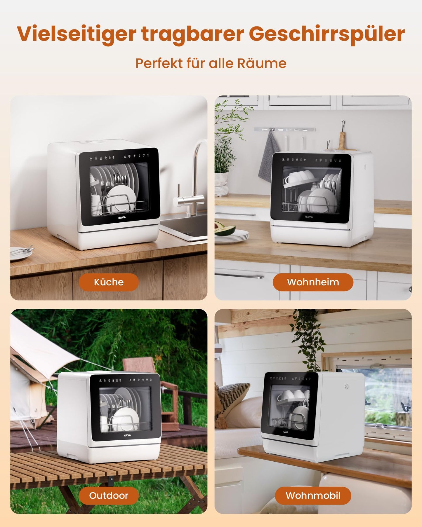 HAVA Dishwasher with Water Softener and Increased Energy Efficiency, Dishwasher with 8 Programmes, Child Lock & Delayed Start, No Installation Required