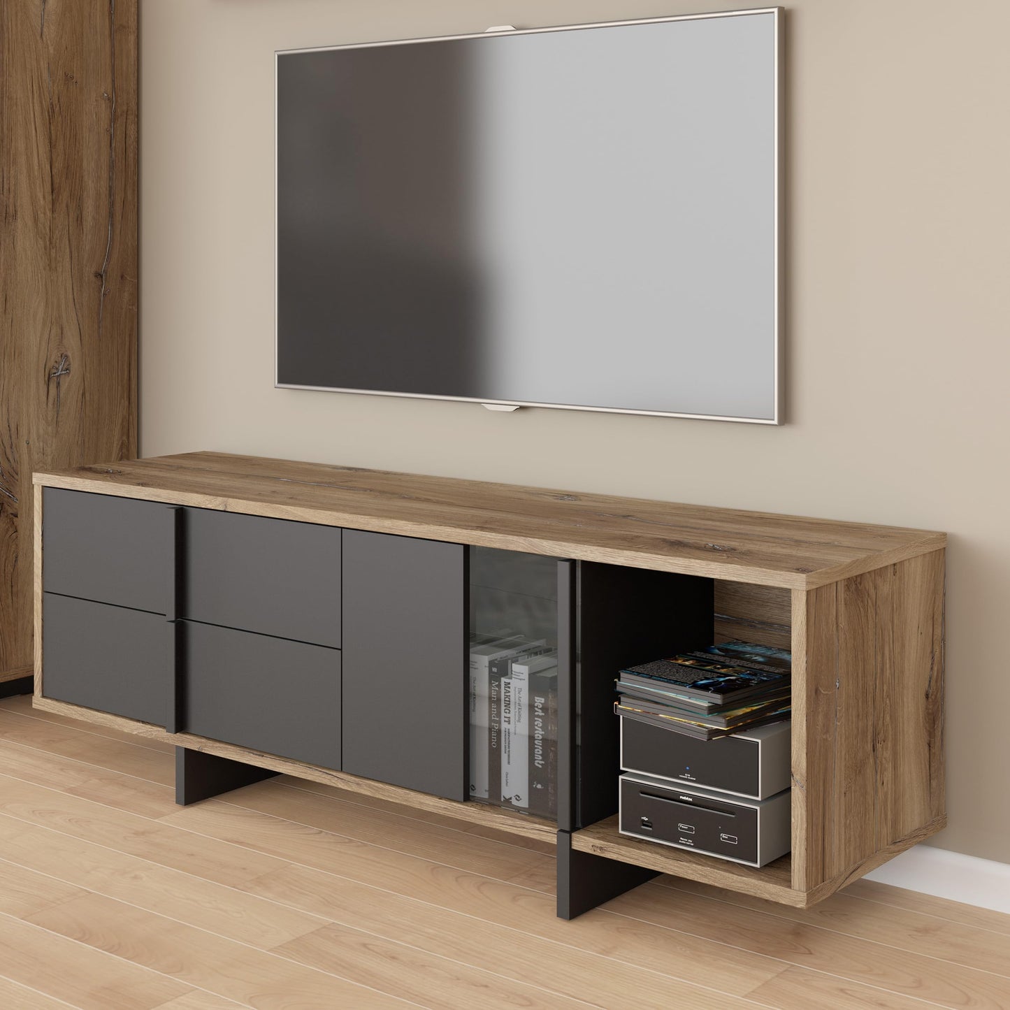 Forte TREBBIA TV Cabinet 150 160 Modern Cabinet with 2 Drawers Lowboard TV Rack Wood Composite Concrete Look Dark Grey/White High Gloss 152.7 cm Wide x 46.7 cm High x 51.7 cm Deep