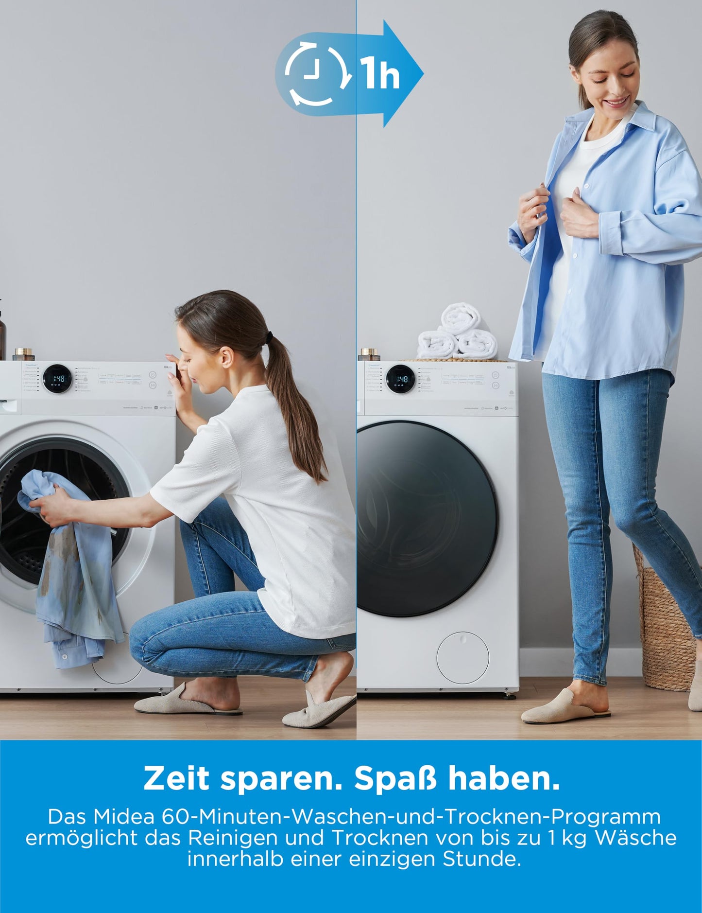 Midea MF200D86WB-14EAS Washer Dryer 8/6 kg Wash/Dry, Inverter Mortor, Refresh, 60 Min. Washing and Drying, Steam Care, Turbo Wash, 48 cm Deep, App Control, AquaStop