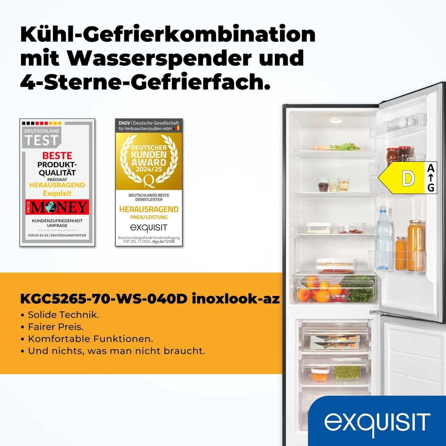 Exquisit Fridge-Freezer, 180 cm Height, Fridge with Freezer, 260 Litres, Water Dispenser, Alarm Function, 4-Star Freezer, KGC5265-70-WS-040D inoxlook-az