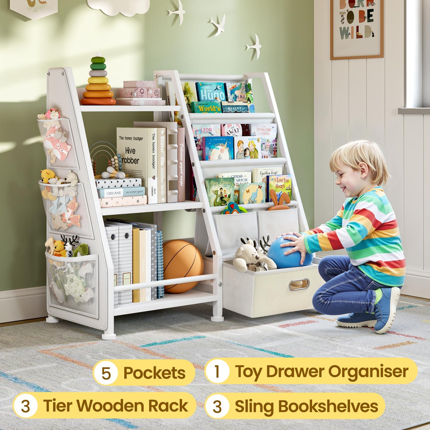 Children's Bookcase Children's Room Toy Shelves: Open Storage Shelf with 6 Compartments - Toddler Display Books Furniture, Nursery, Playroom