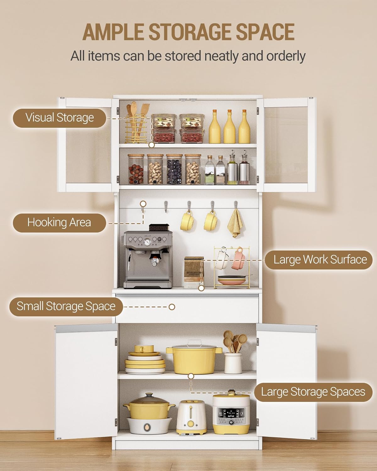 Hzuaneri PT40003X Kitchen Cabinets, Buffet Cabinet, Tall Cabinet with Worktop and 4 Storage Compartments, Adjustable Shelves, Suitable for Kitchen or Living Room, 40 × 75 × 180 cm, Hemp White