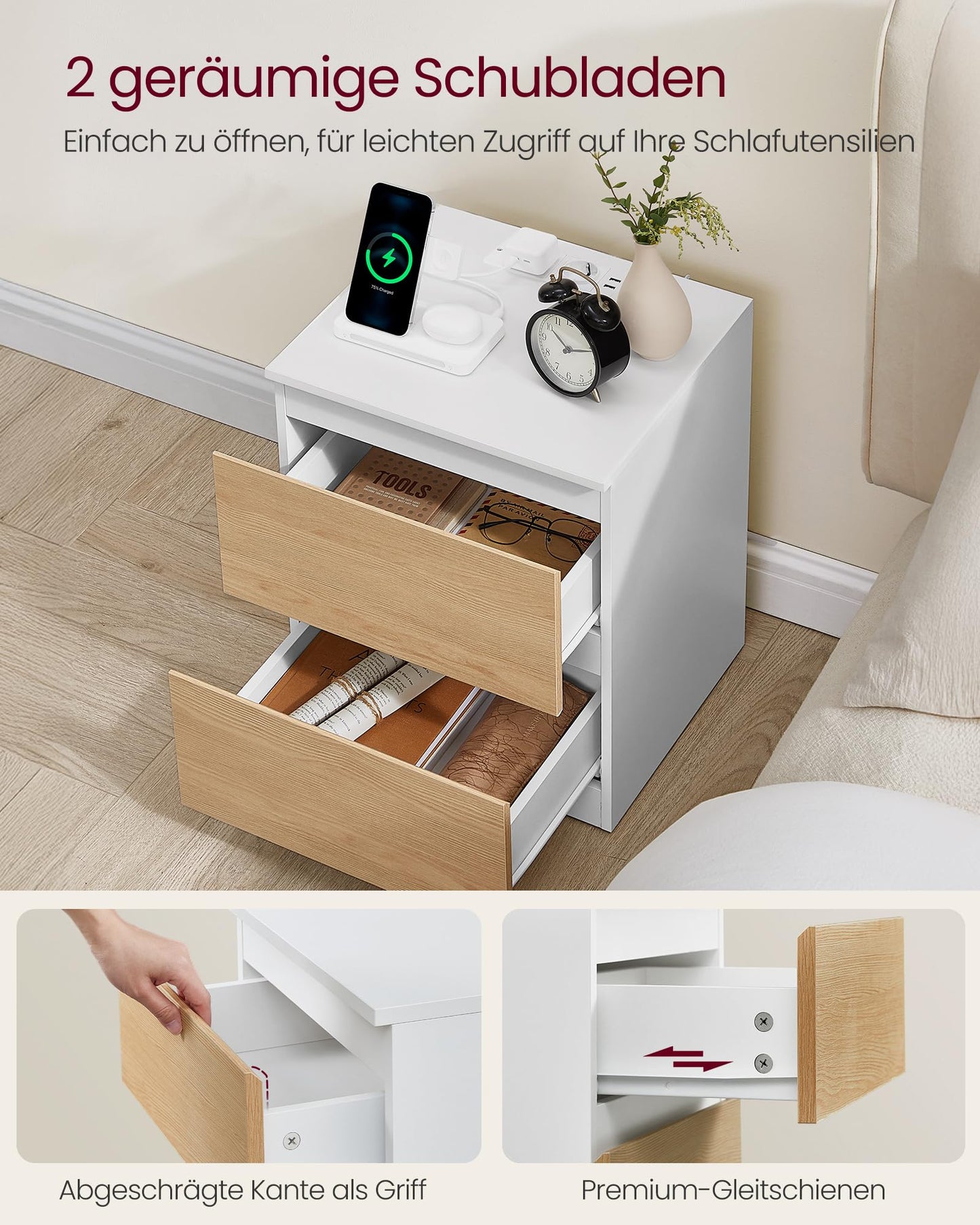 VASAGLE Kailyn Collection - Bedside Table with Power Strip, Set of 2, Side Table 2 Drawers, 2 AC Sockets, 2 USB-A Ports, for Bedroom, Cloud White LET821W02