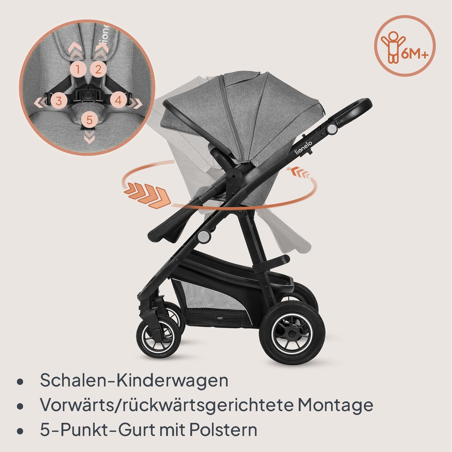 LIONELO Bianka Pushchair 3-in-1 up to 22 kg Baby Carrycot Car Seat Foldable Travel System Adjustment of the Backrest Wheels 360o Shock Absorber Hood XXL