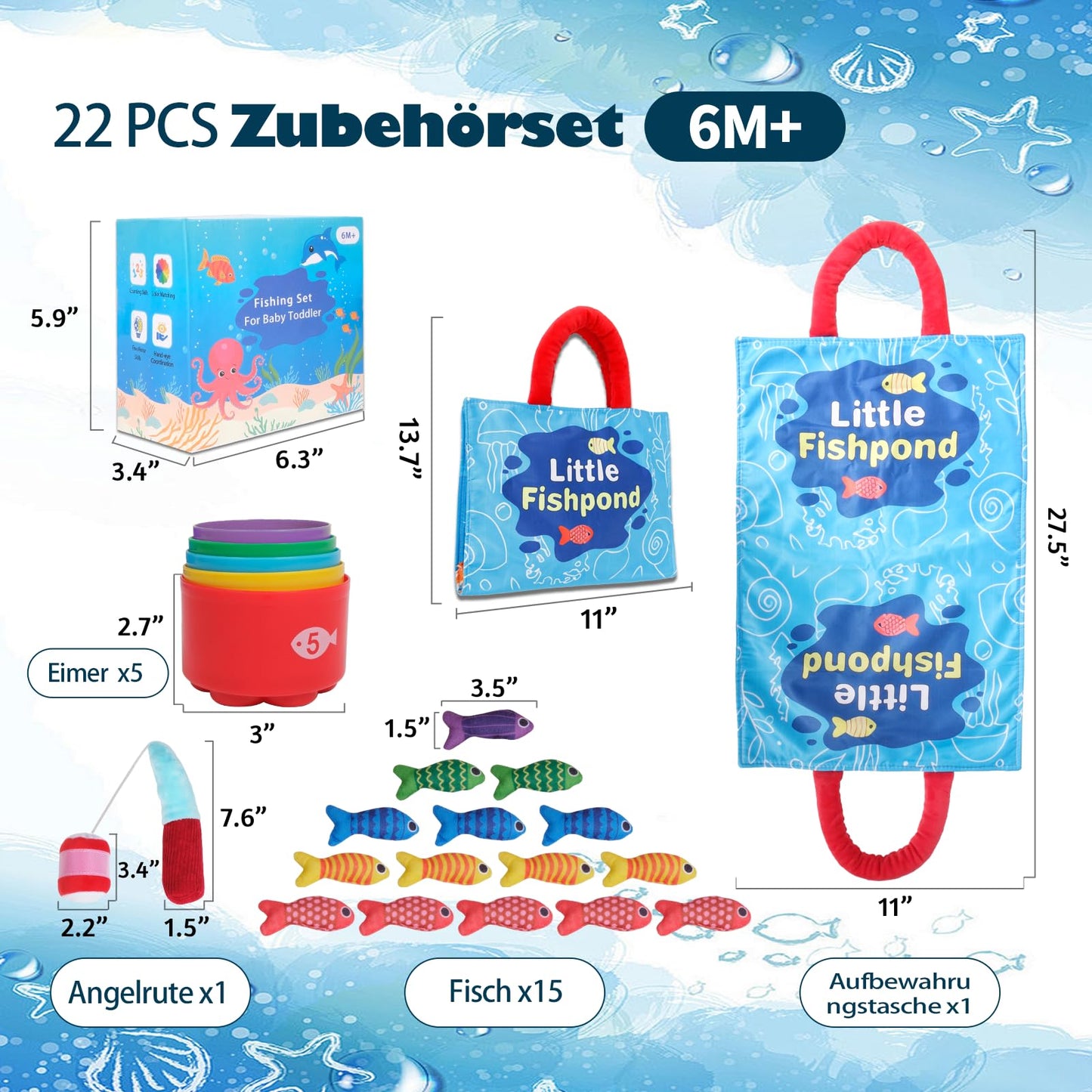 TenFans Montessori Fishing Game from 1 Year Made of Fabric - With Stacking Cups & Colour Sorting Set - First Birthday Gift - Travel Learning Toy with Sensory Activity