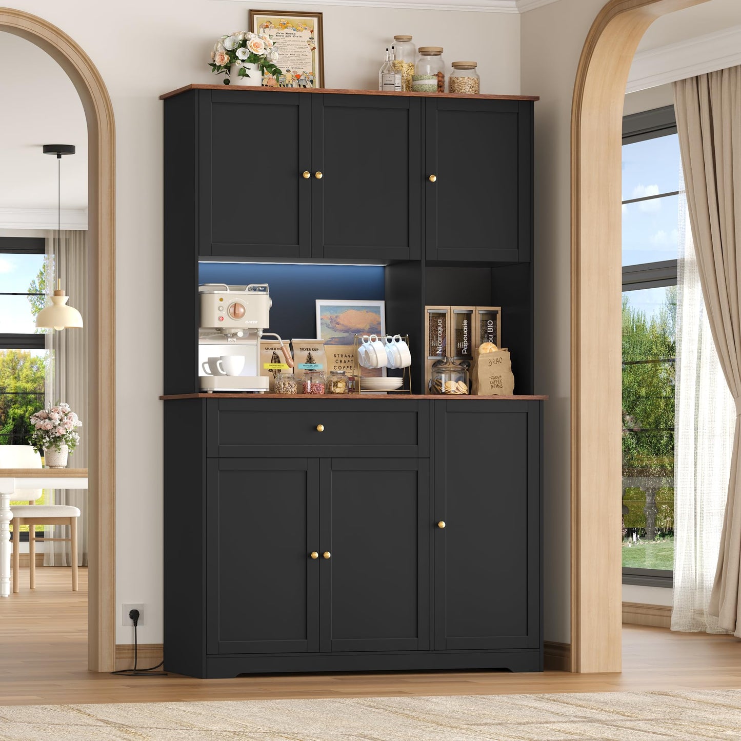 FirFurd Kitchen Cabinet 180 cm Buffet Cabinet with LED Sideboard for Kitchen with Power Strip Kitchen Cabinet with Worktop and Wine Rack for 12 Bottles Kitchen Buffet Kitchen Furniture 180 x 100 x 39