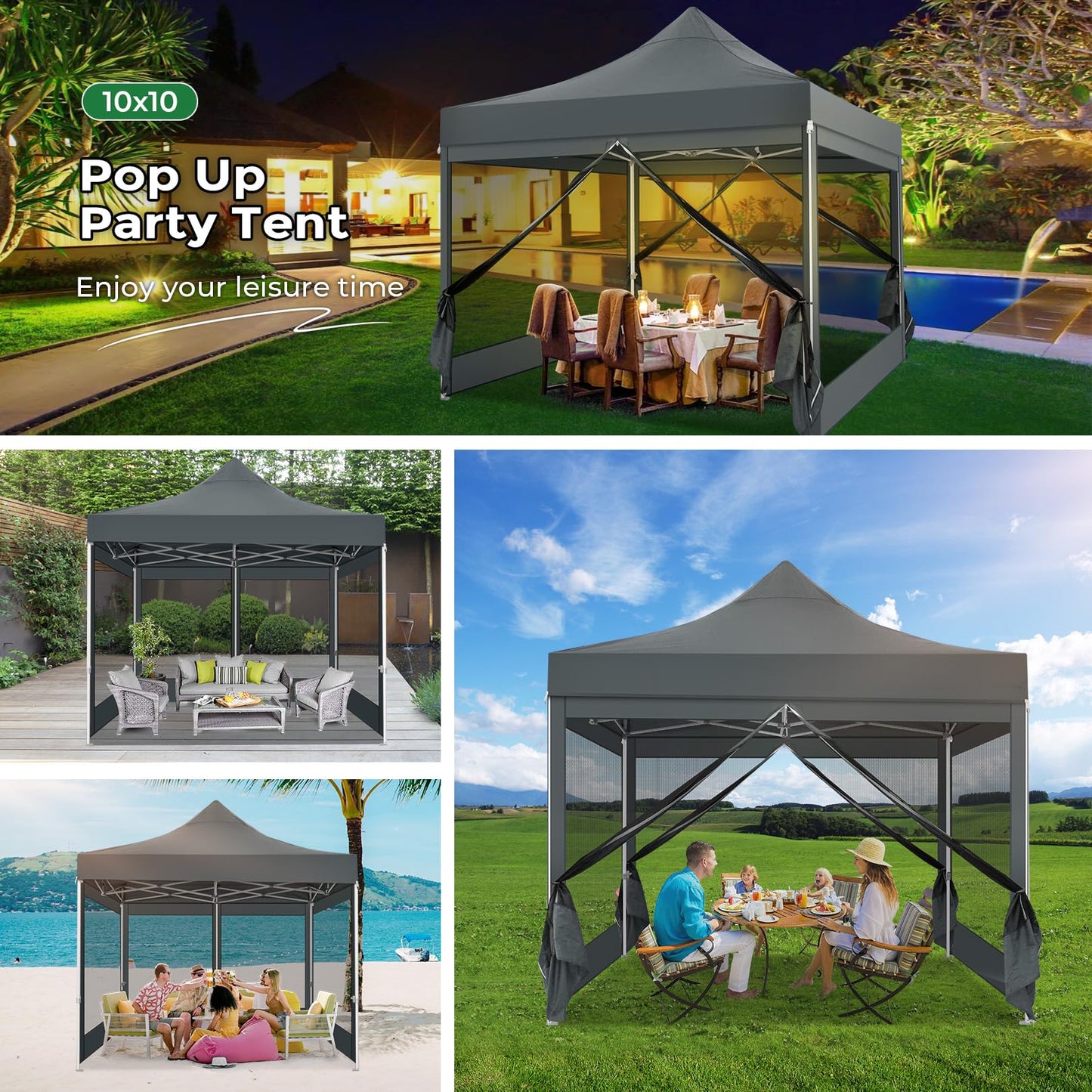 COBIZI Folding Gazebo 3 x 3 m Gazebo 3 x 3 m Waterproof Stable Party Tent Foldable with 4 Side Walls Mosquito Net Pop Up Garden Gazebo Anti-UV for Garden, Grey