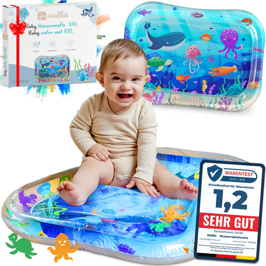Mallie® Wassermatte Baby 66x50 CM [100% BPA & Schadstoff-Frei] ab 3, 6 und 9 Monate im Ozean Blau Design I Baby Spielzeug, Spielzeug Ab 6 Monate als Wassermatte Baby und Baby Spielzeug 6 Monate