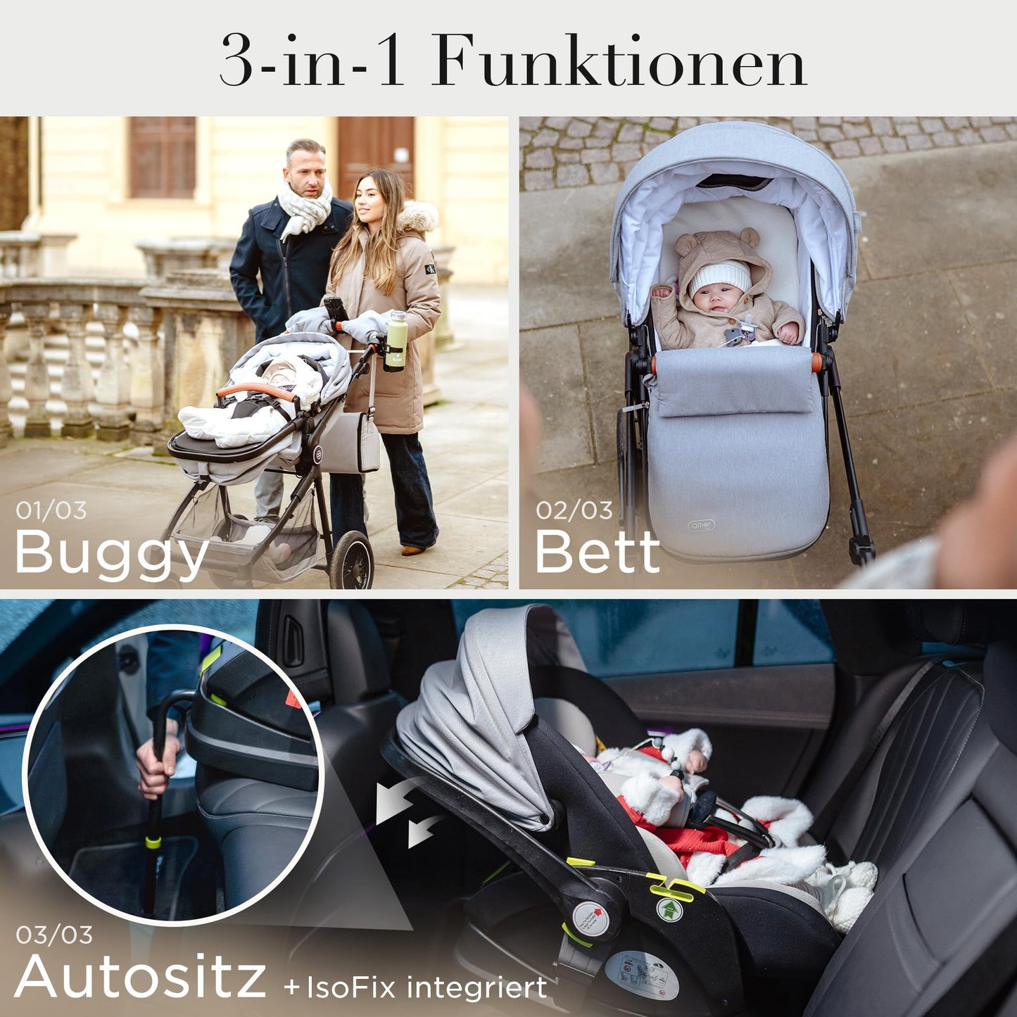 3-in-1 Pushchair and Car Seat with Baby Seat Chassis Combination Set | Stroller Baby | Isofix Station & 5-Point Safety Belt Pram Buggy Travel Buggy | Baby Pram