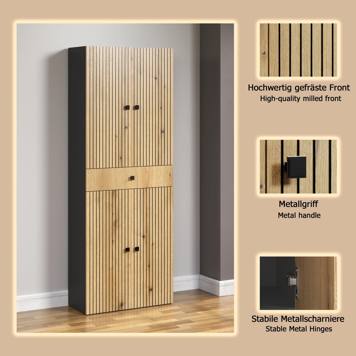 trendteam smart living - PureBliss - Hochschrank - Eiche - Badezimmerschrank in moderner Rillenoptik - edle Metallgriffe - (BxHxT) 40 x 186 x 31 cm - 2 praktische Einlegeböden - kratzfest