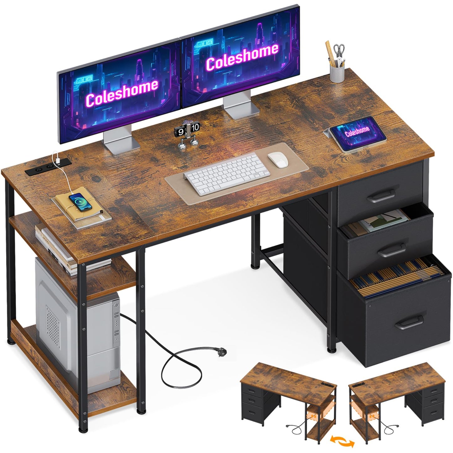 Coleshome Fabric Desk with 3 Drawers, 130 x 48 cm Computer Desk with 2 Sockets and 2 USB Charging Ports, PC Table with Shelf, Reversible Office Table for Office, Living Room, White