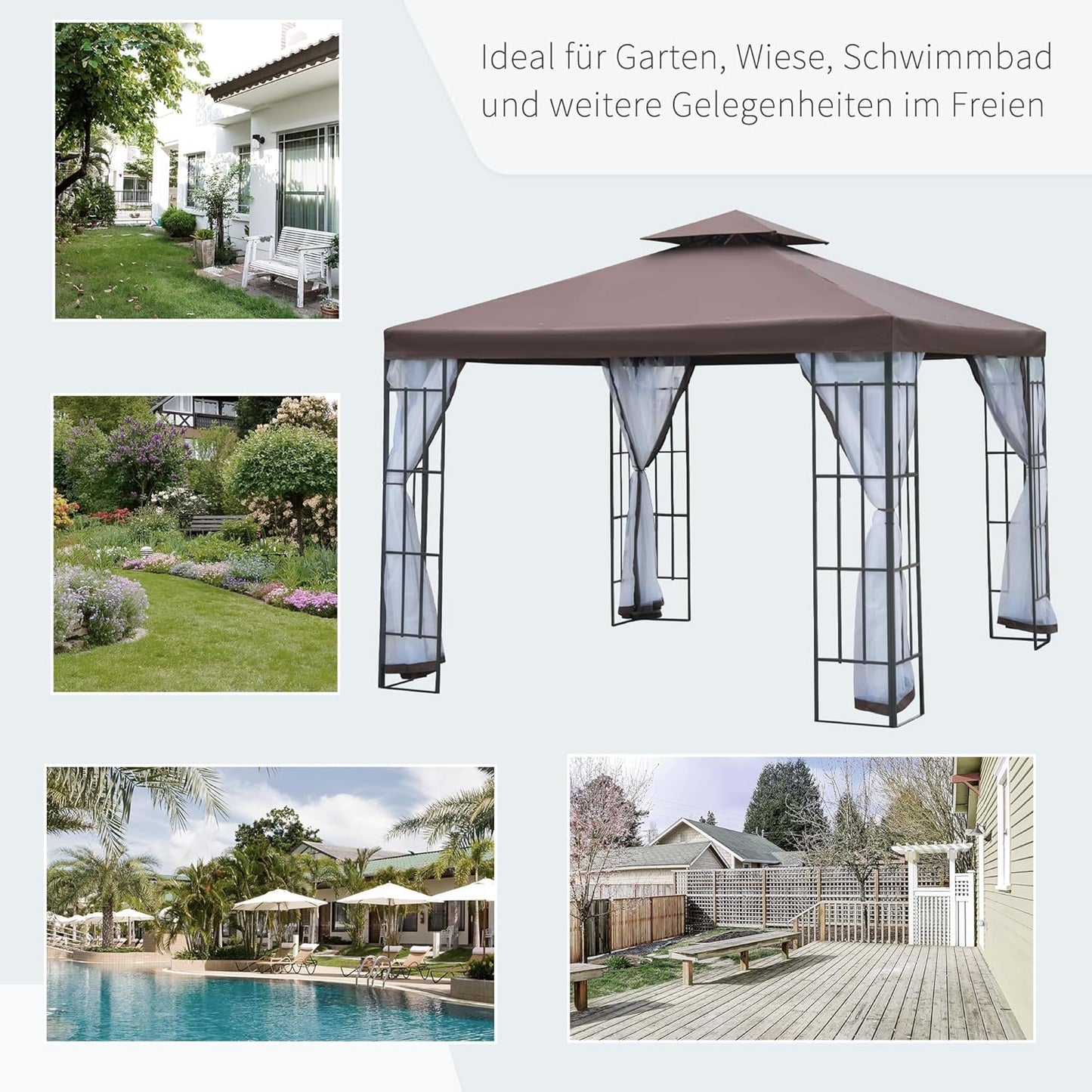 Outsunny Pavillon Gartenpavillon mit Moskitonetze Seitenwände, Partyzelt mit Doppeldach, Gartenzelt Festzelt 2,97x2,97m