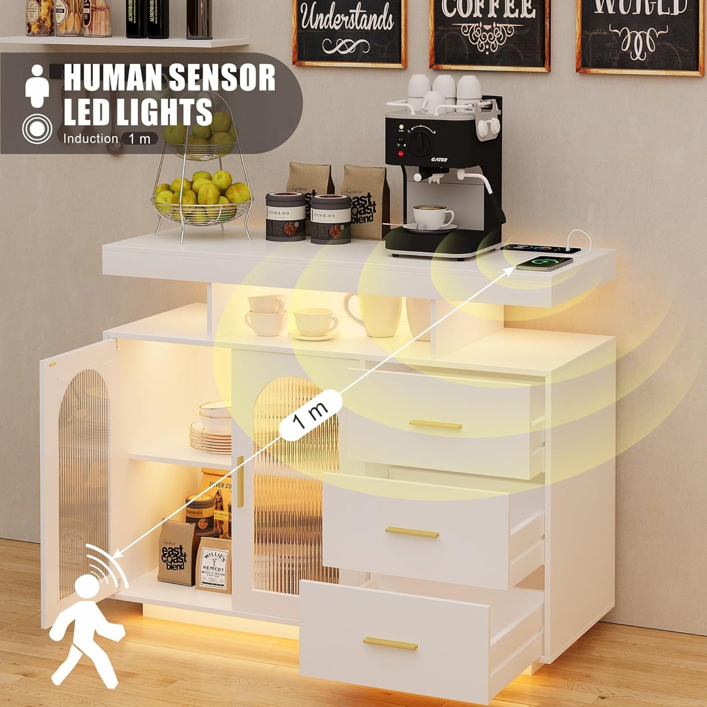 FREDEES Kitchen Cabinet Sideboard with 3 Drawers, Buffet Cabinet with Auto Sensor, 20 Colour Lights, Console Table with Charging Station, Touch Control Console, Coffee Bar Table for Kitchen, Dining