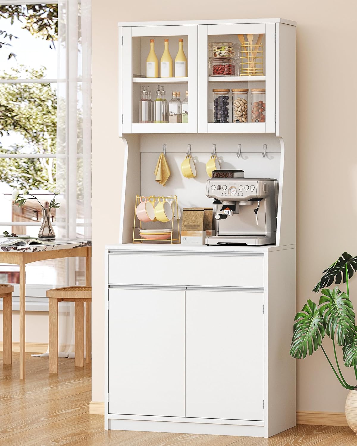 Hzuaneri PT40003X Kitchen Cabinets, Buffet Cabinet, Tall Cabinet with Worktop and 4 Storage Compartments, Adjustable Shelves, Suitable for Kitchen or Living Room, 40 × 75 × 180 cm, Hemp White