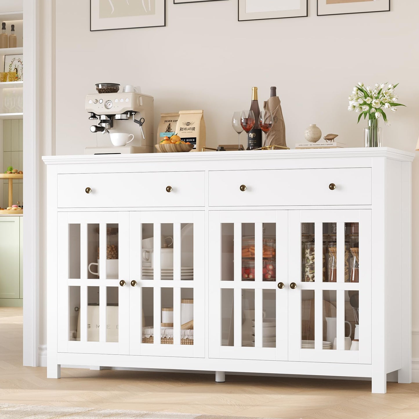 FirFurd Sideboard 140 cm Wide Kitchen Cabinet with Worktop Sideboard Living Room Kitchen Buffet Cabinet with 2 Drawers 4 Glass Doors Kitchen Buffet with Adjustable Shelves 140 x 40 x 91 cm Black