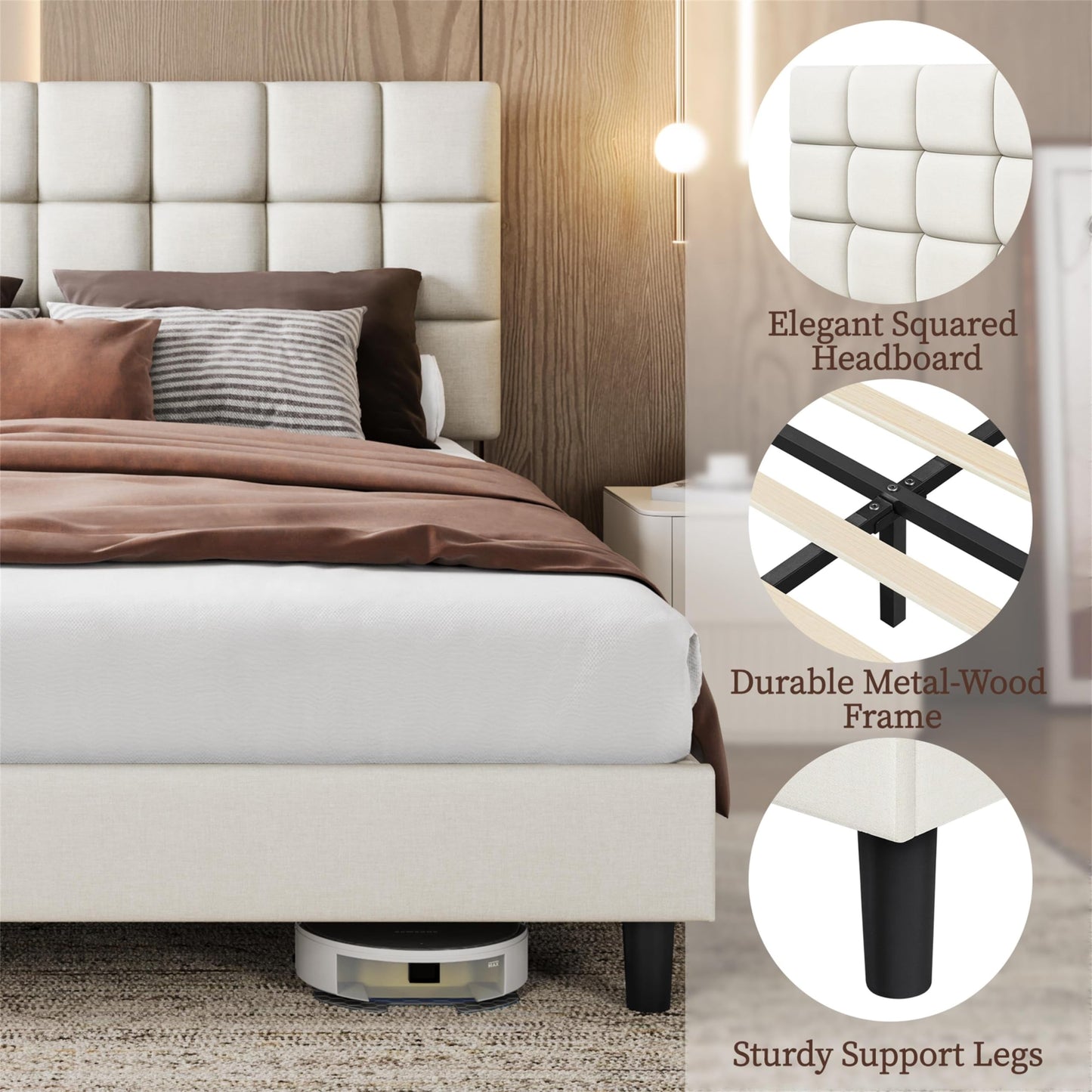 Yaheetech Upholstered Bed 140 x 200 cm Double Bed with Height-Adjustable Headboard, Sturdy Bed Frame, Fabric Bed with Slatted Frame, Padded Bed Frame, Youth Bed, Dark Grey