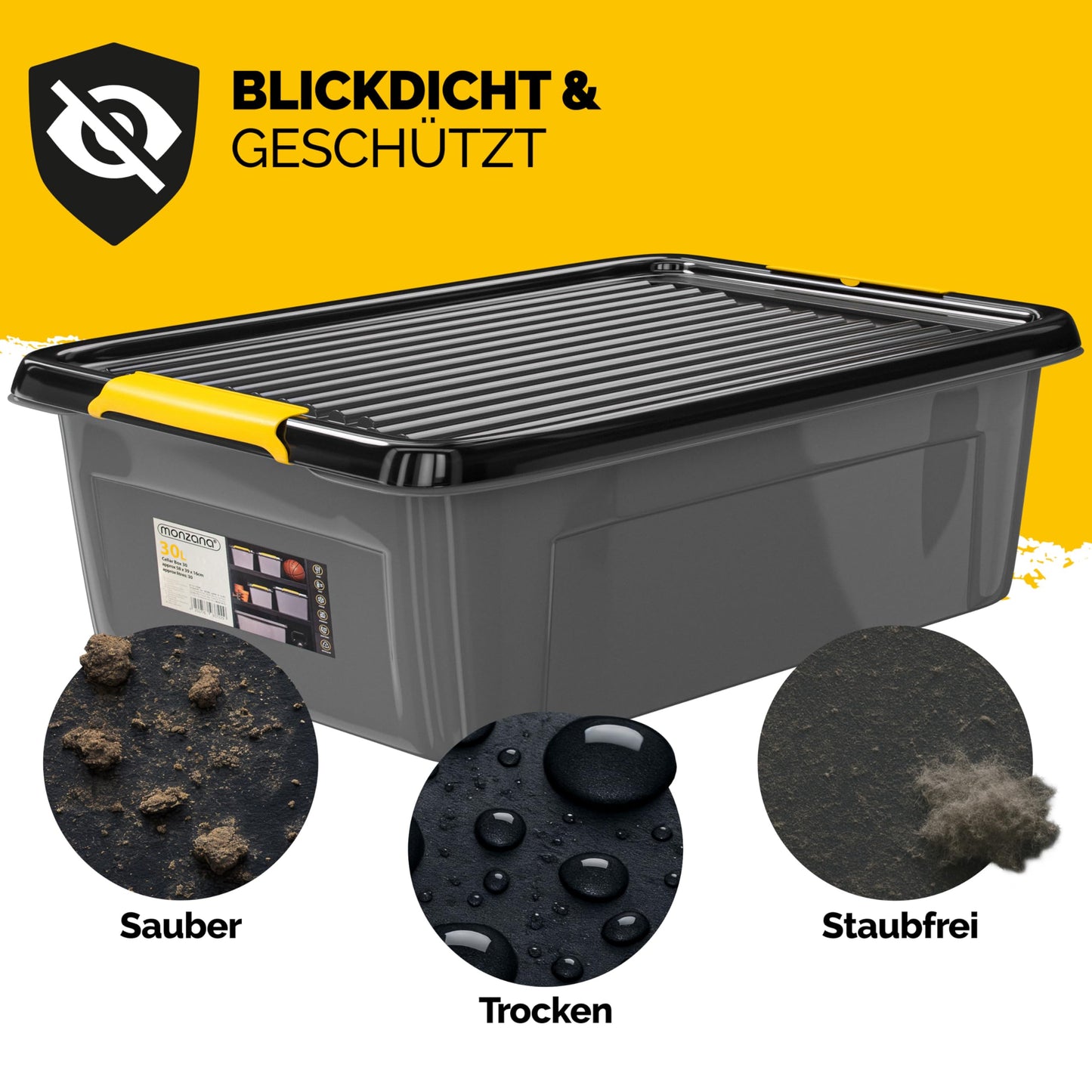 Monzana 4 x Storage Boxes 40 L with Lid 40 kg Load Capacity Plastic BPA Free Click Closure Stable Flexible Stackable Opaque Cellar Garage Box