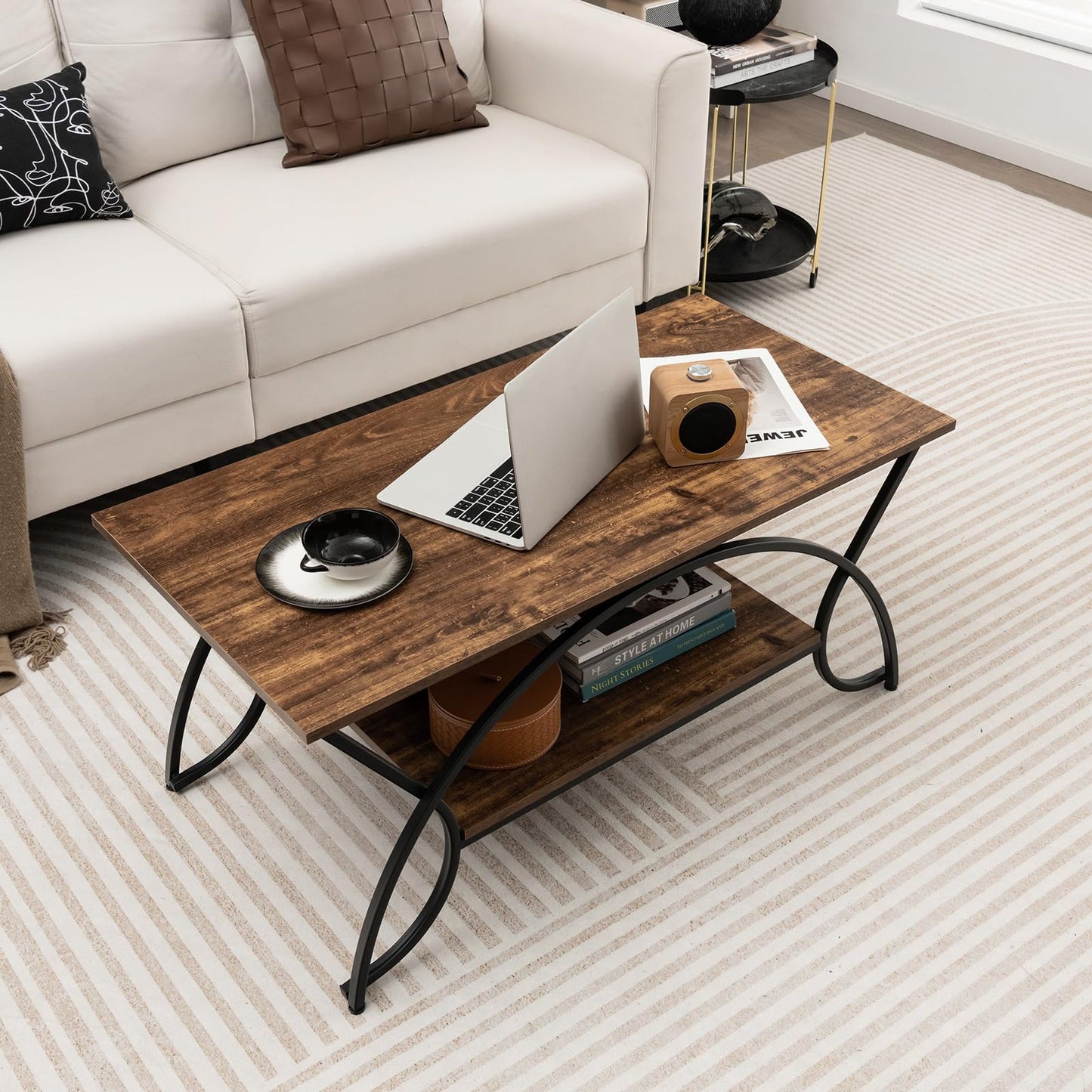 GIANTEX Coffee Table Marble Black, Coffee Table, Tea Table, 2 Shelves, Living Room Table, Modern Sofa Table, Tea Table, 100 x 50 x 45 cm, Accent Table with Metal Legs, Side Table with Marble Look