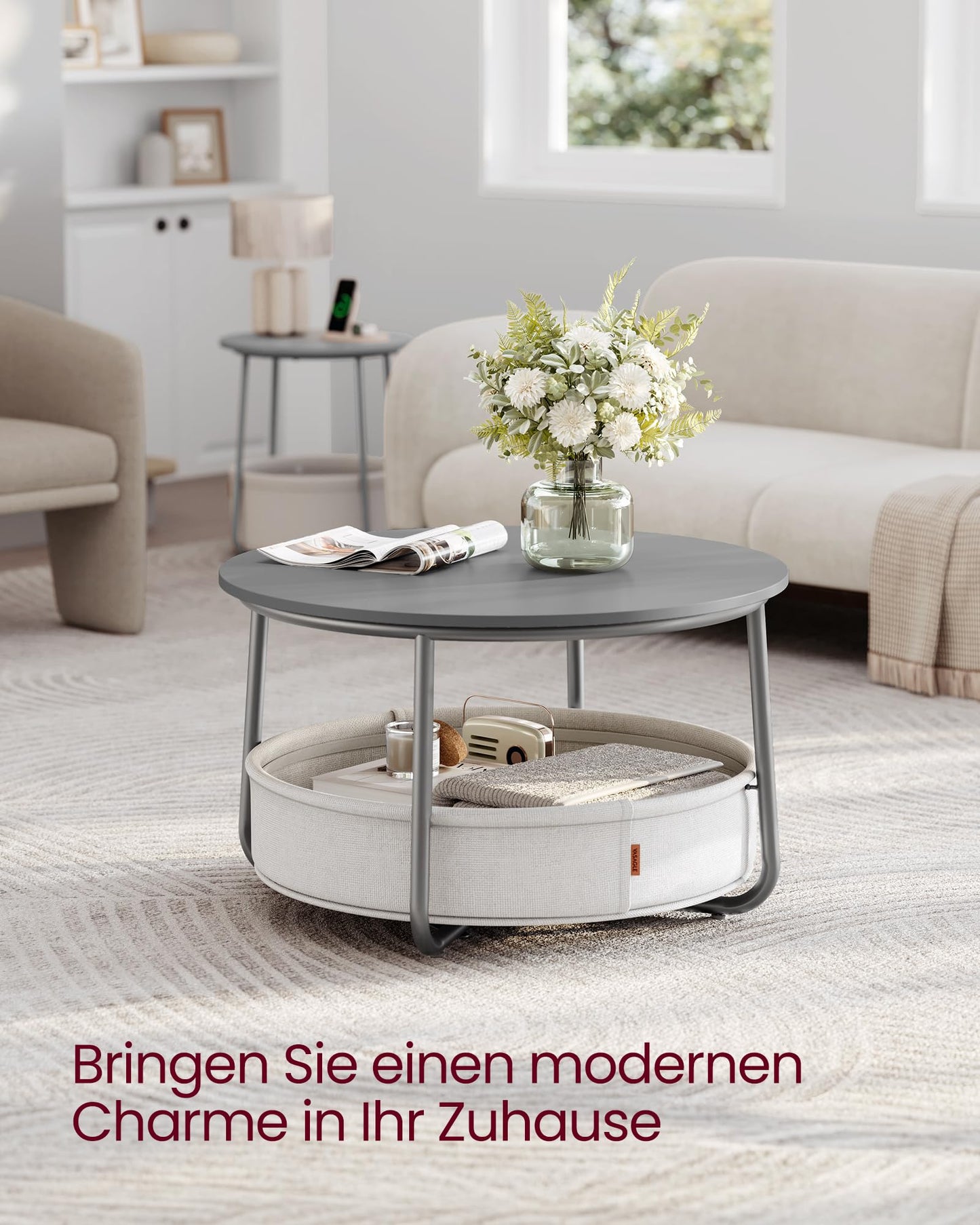 VASAGLE LCT244W10 Round Coffee Table with Storage Space Side Table Living Room Table with Fabric Basket Modern Metal Frame Matt White Camel Brown