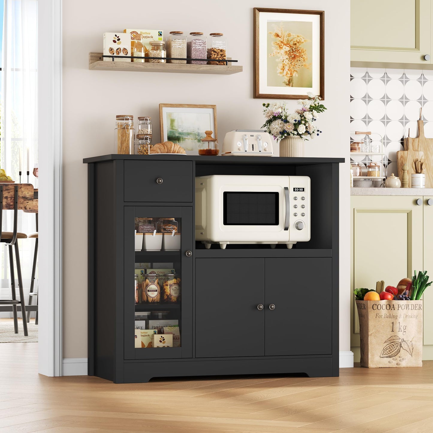 HOCSOK Kitchen Cabinet with Worktop, Sideboard Kitchen with Microwave Shelf, Buffet Cabinet with 1 Drawer, 3 Doors, Adjustable Shelves, for Kitchen, Dining Room, Living Room, Black