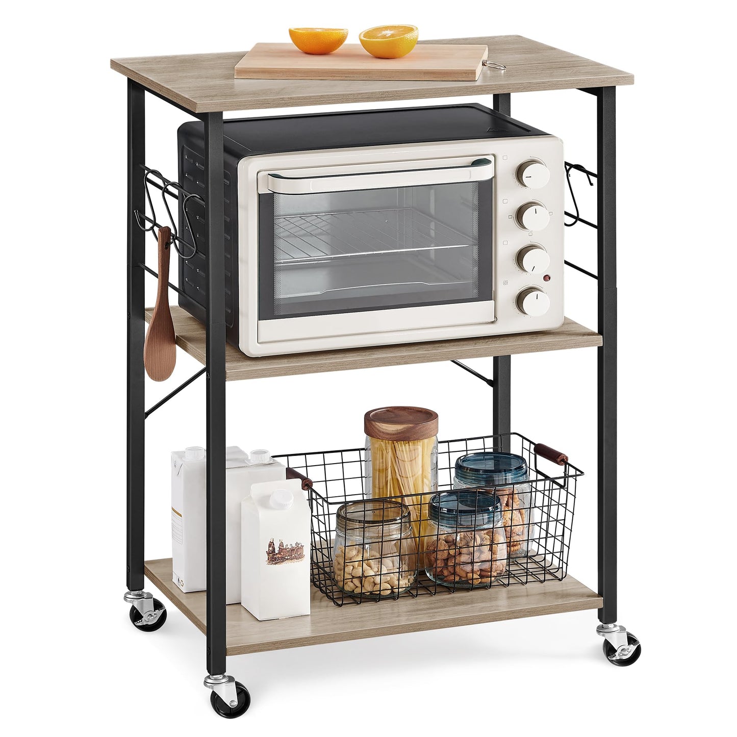 VASAGLE KKS60XV1 Kitchen Rack on Wheels Serving Trolley 3 Tier Kitchen Trolley Mini Oven Microwave Metal Frame 6 Hooks 40 x 60 x 89 cm Vintage Brown Ink Black
