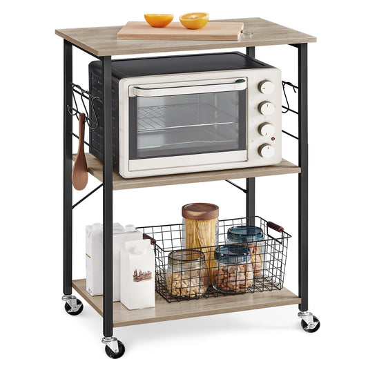 VASAGLE KKS60XV1 Kitchen Rack on Wheels Serving Trolley 3 Tier Kitchen Trolley Mini Oven Microwave Metal Frame 6 Hooks 40 x 60 x 89 cm Vintage Brown Ink Black