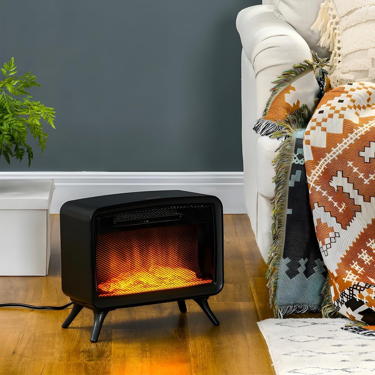 Wintem Electric Fireplace with Realistic Flame Effect, 34 x 18 x 30 cm, Power and Adjustable Thermostat 800/1600 W, Ideal for a Cosy Atmosphere with Overheating Protection