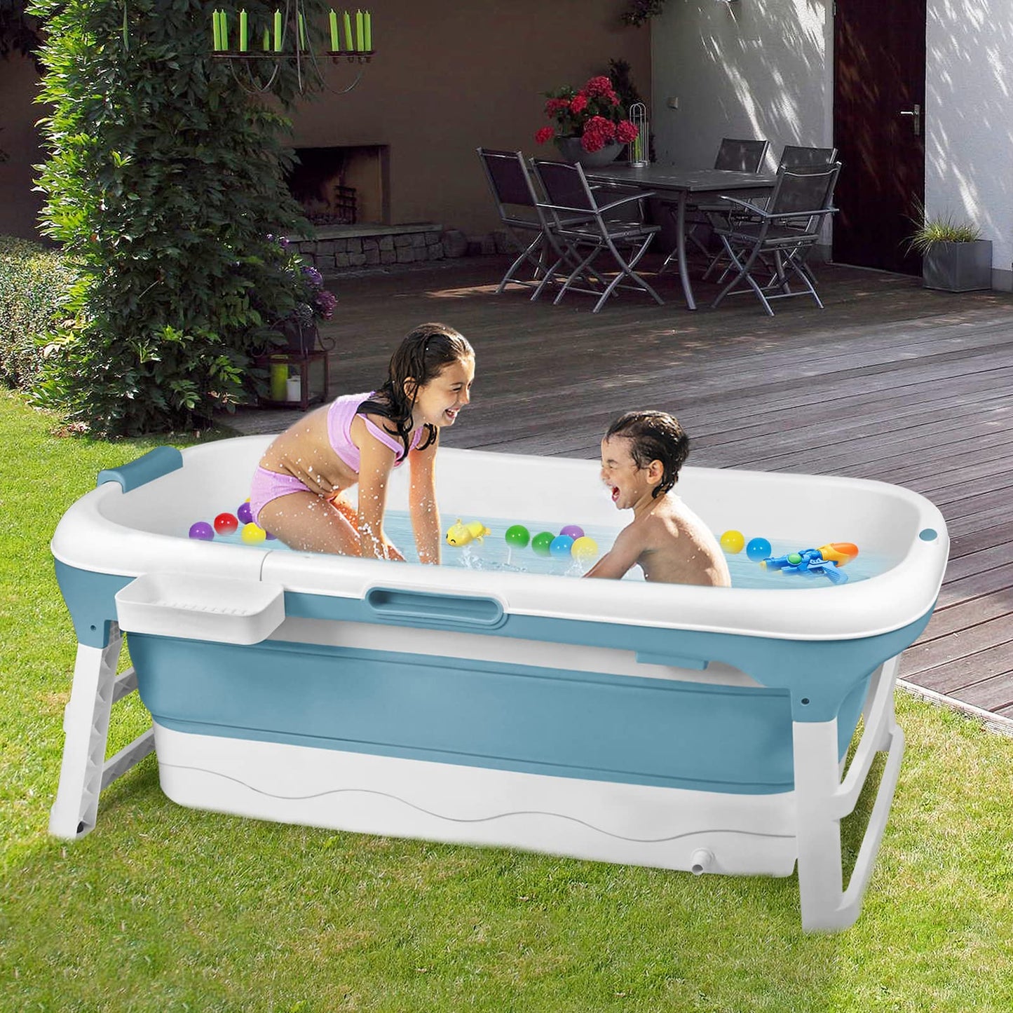 LARS360 Foldable Bathtub, Adult, Travel Bathtub, Folding Bathtub with Removable Cover, Soap Basket, Massage Rollers, Mobile Bathtub for Small Bathroom (118 x 62 x 53 cm)