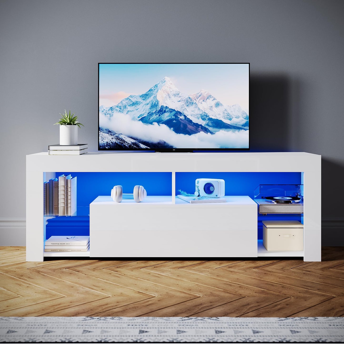 SONNI Modern TV Cabinet 180 cm, Lowboard High Gloss White with 16 Colours LED Lighting, Drawer, Open Glass Shelves, TV Stand for TVs up to 65 Inches, Living Room & Bedroom, 180 x 35 x 45 cm