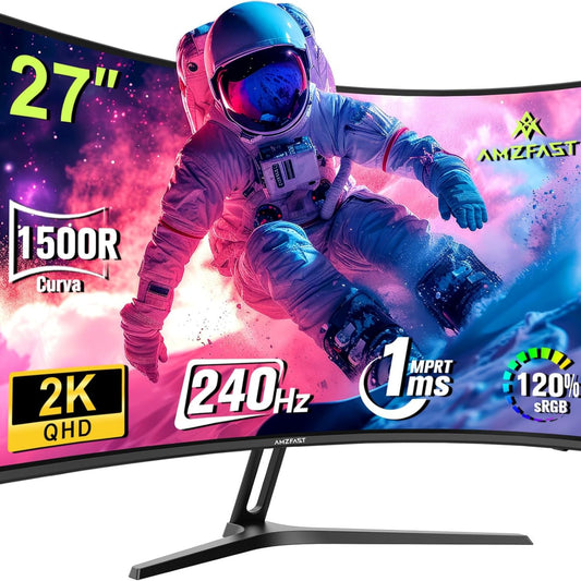 Amzfast 32 Zoll Curved Gaming Monitor (240Hz, 1920x1080, 1ms MPRT, 1500R), Adaptive-Sync, 90% DCI-P3, 120% sRGB, 300cd/m², HDMI 2.0 & DisplayPort 1.4 (AMZG32C3F)