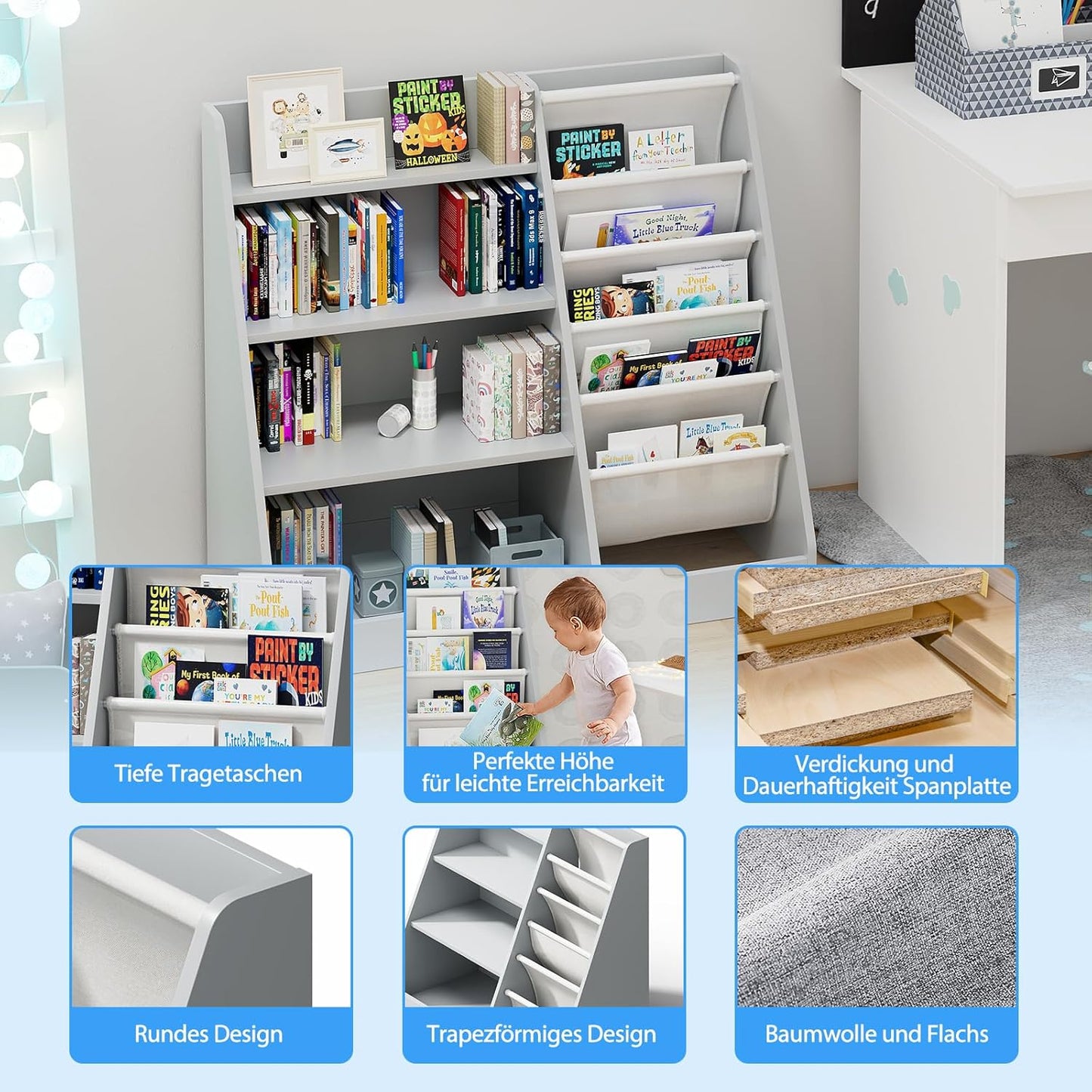 Children's Shelf, White with 5 Shelves and 4 Open Compartments, Bookcase for Children, Toy Organiser, 90 x 40 x 80 cm