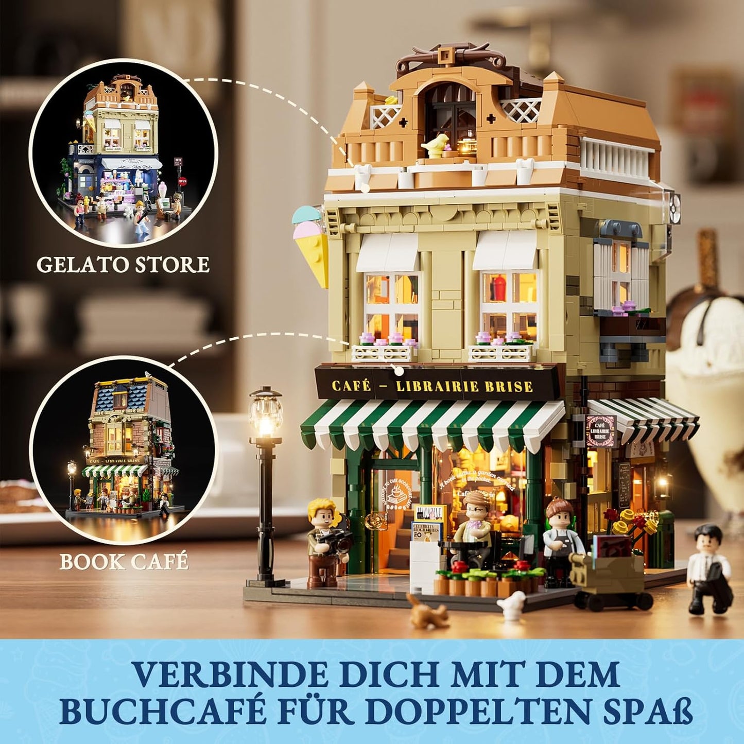 FUNWHOLE Stadtleben Eisdiele Klemmbausteine Haus,Modular Building mit Beleuchtung,F9078,Gelato Store