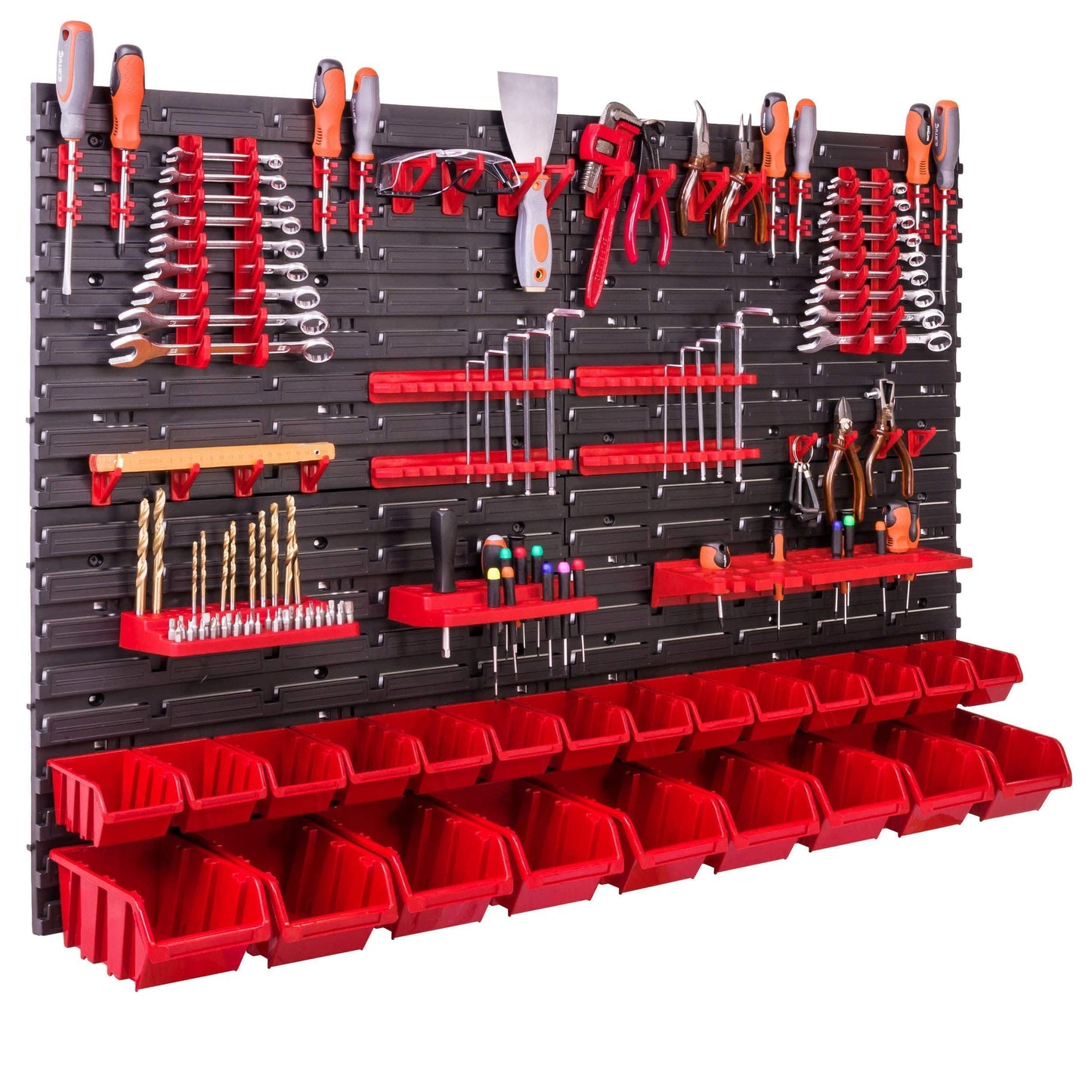 Storage System Wall Shelf 115 x 78 cm, Tool Holders, 23 Pieces Stacking Boxes Storage Boxes Extra Strong Wall Shelves Expandable Workshop Shelving Workshop Shelf