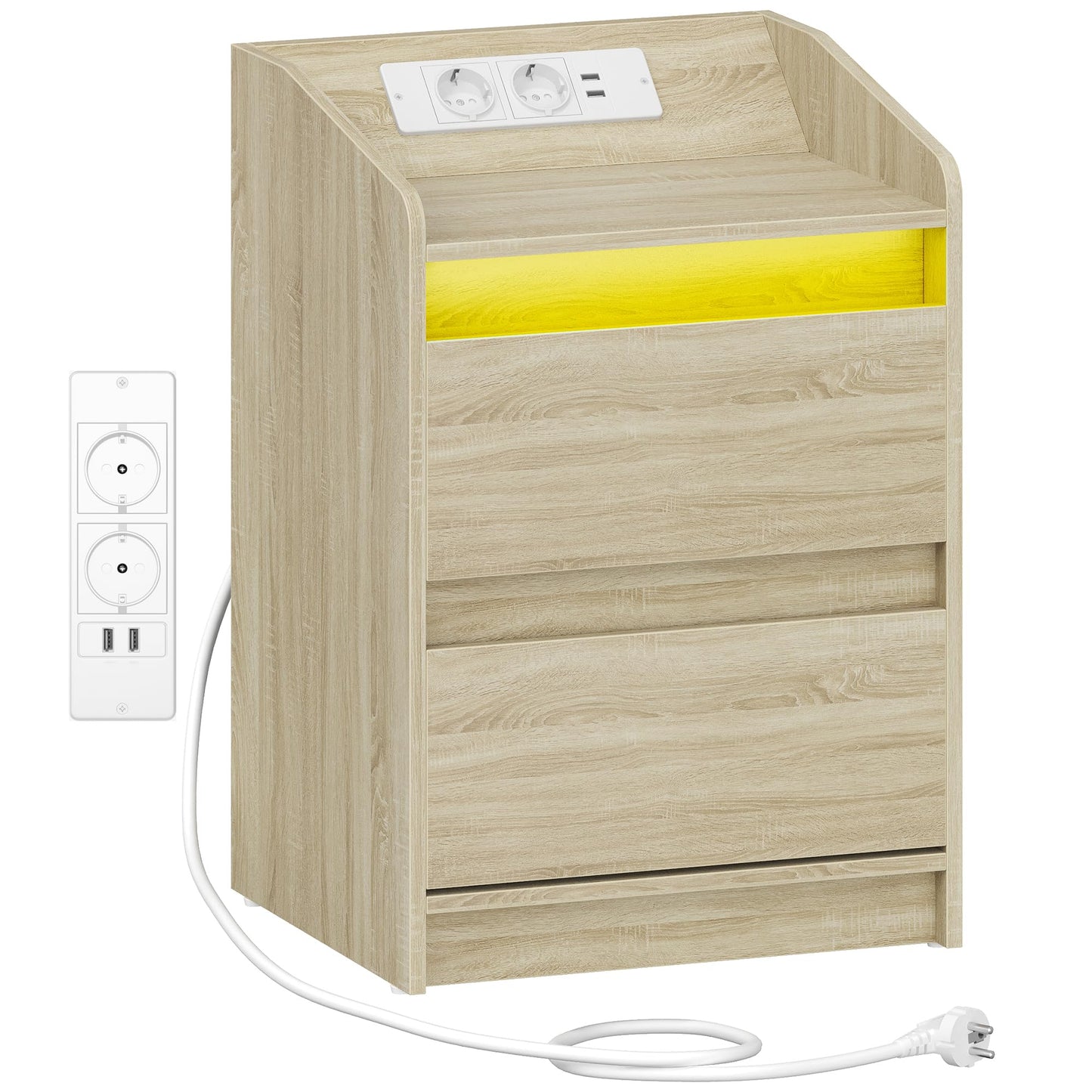 Hzuaneri Bedside Tables Set of 2 LED Lights, Charging Station and 2 Drawers, Side Table with USB Ports & Sockets, Stylish and Versatile, for Living Room and Bedroom, Black NS30104X