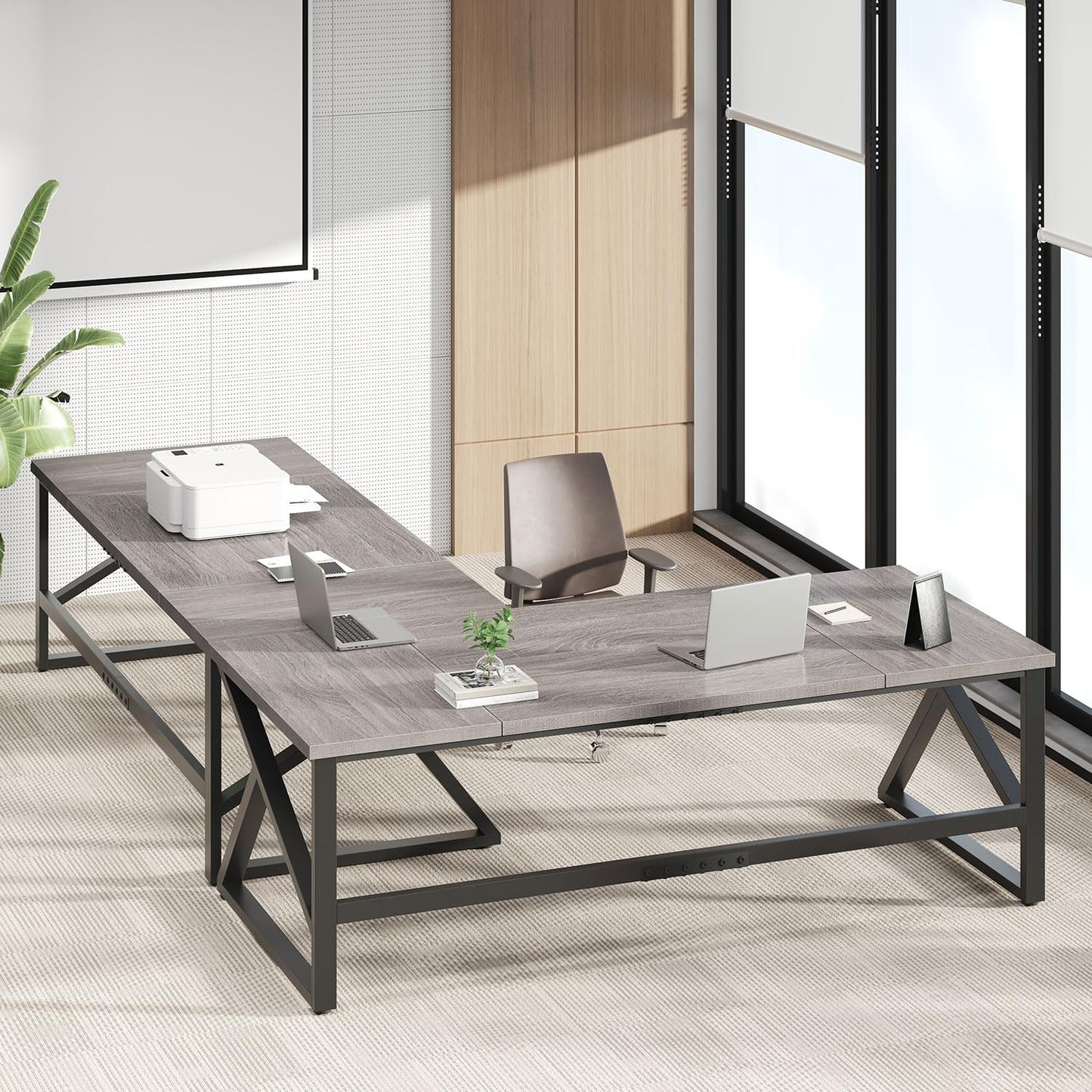 IBF Desk in Brown Colour with a Length of 70 Inches, Industrial Large Double Metal and Wood Desk for Computer, Long Office Table for Home