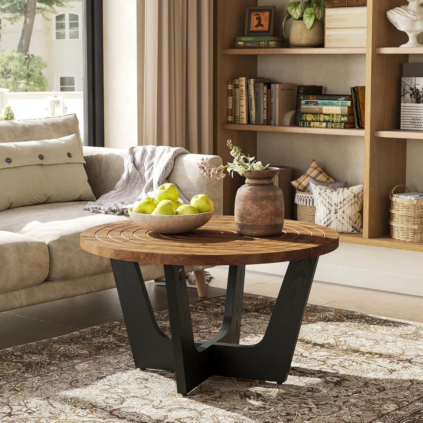 Round Solid Wood Coffee Table, Farmhouse 80 cm Small Coffee Table with Ring Groove, Living Room, Small Space, Brown and Black