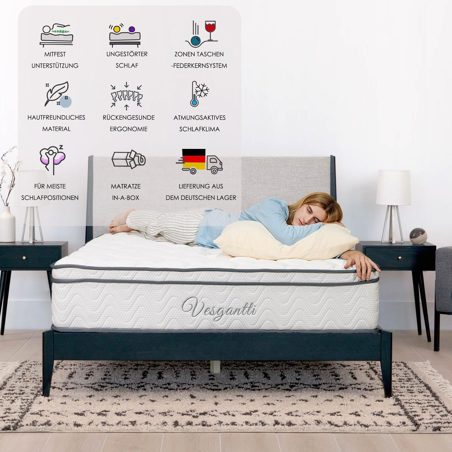 Vesgantti Matratze 180x200 höhe 22cm H3 7-Zonen Taschenfederkernmatratze Mittelfeste Orthopädischem Kaltschaummatratze Öko-Tex Zertifiziert Matratzen Klassik BoxTop