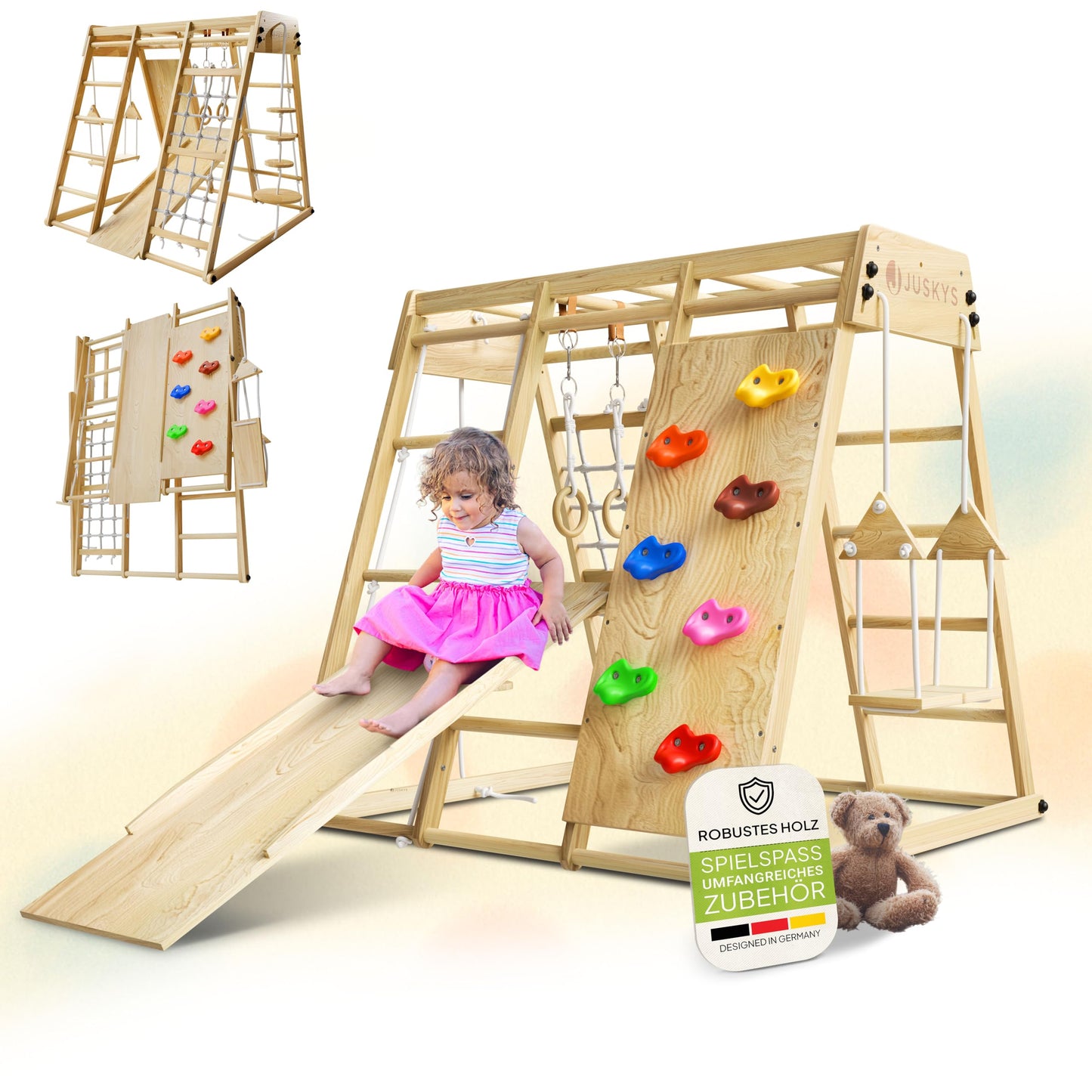 Juskys Mini Climbing Frame for Children - Indoor Playground with Slide, Climbing Wall, Climbing Net & Gymnastics Rings - Wooden Climbing Tower Foldable - Natural