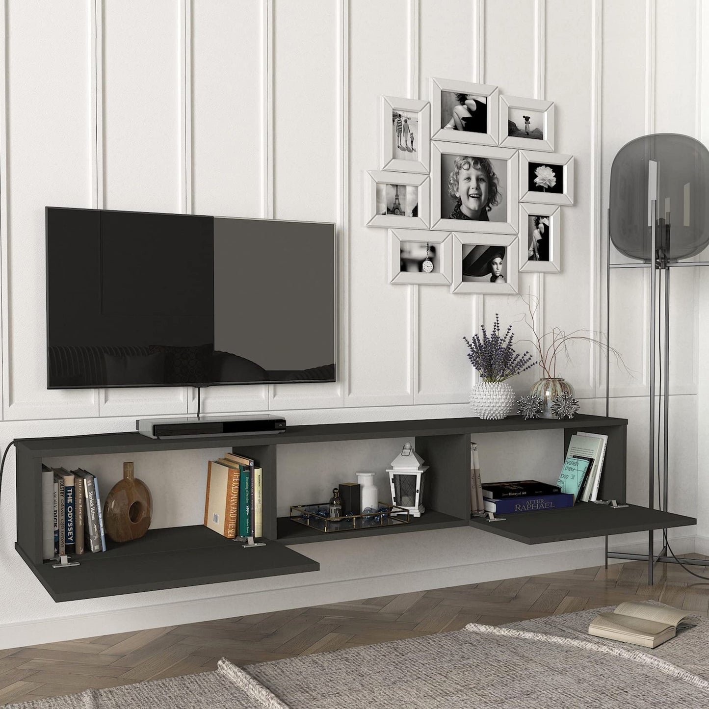 [en.casa] Paltamo TV Lowboard TV Cabinet Hanging TV Cabinet 180 x 31 x 30 cm TV Board with 3 Compartments Anthracite