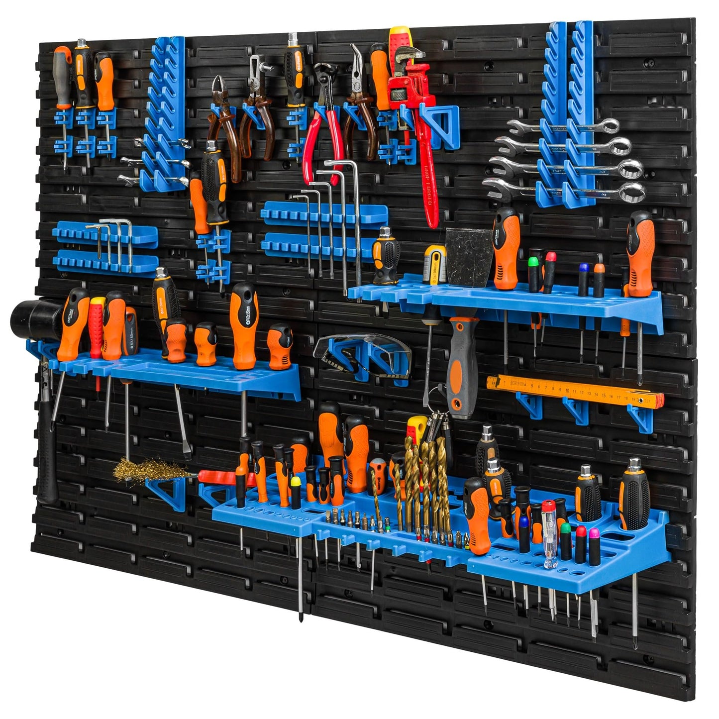 Storage System Wall Shelf 230 x 78 cm, Tool Holders, 46 Pieces Stacking Boxes, Storage Shelves, Storage Boxes, Extra-Strong Wall Shelves, Expandable Workshop Shelving, Workshop Shelves
