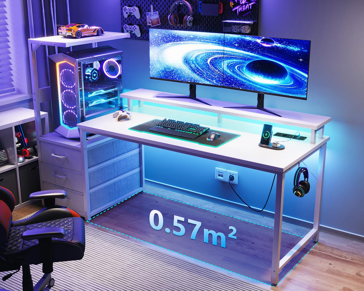 Coleshome Gaming Table with Drawers, 151 x 50 cm Gaming Desk with LED Lighting & Socket, Computer Desk with Shelves & Monitor Stand, Carbon Fibre Black